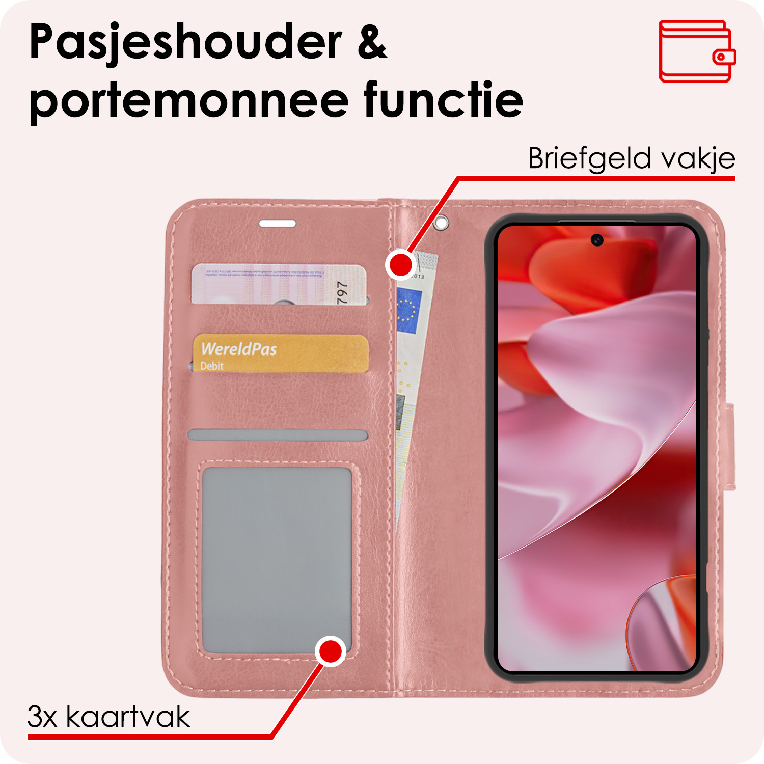 NoXx Hoesje Geschikt voor Google Pixel 9 Pro Hoesje Book Case Hoes Portemonnee Cover Walletcase Met Screenprotector - Hoes Geschikt voor Google Pixel 9 Pro Hoes Bookcase Hoesje - Rosé goud