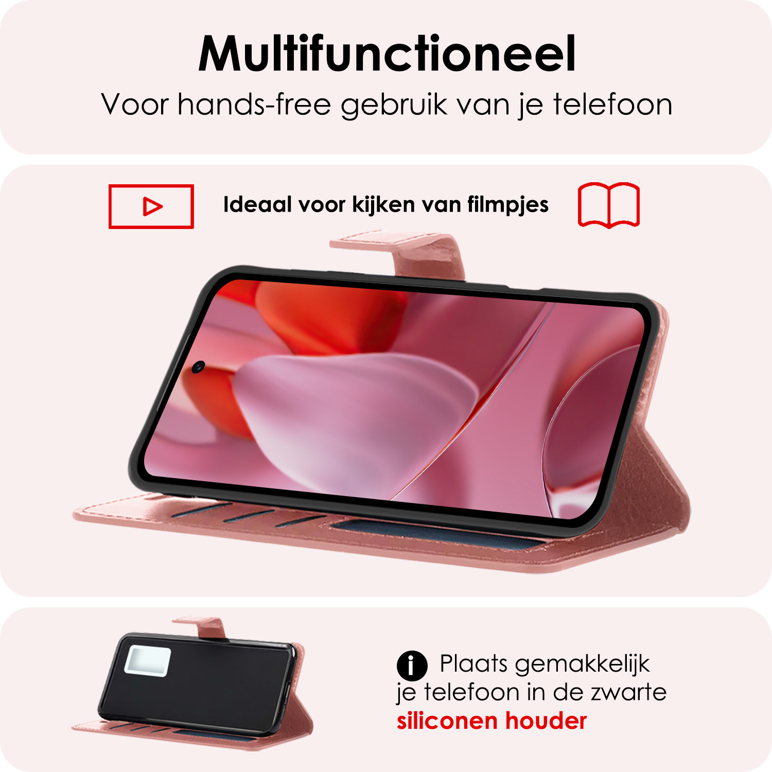 NoXx Hoesje Geschikt voor Google Pixel 9 Pro Hoesje Book Case Hoes Portemonnee Cover Walletcase Met Screenprotector - Hoes Geschikt voor Google Pixel 9 Pro Hoes Bookcase Hoesje - Rosé goud