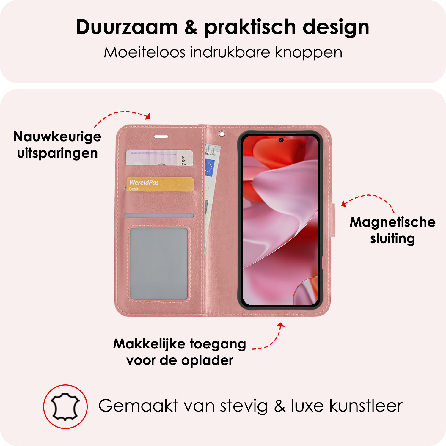 NoXx Hoesje Geschikt voor Google Pixel 9 Pro Hoesje Book Case Hoes Portemonnee Cover Walletcase Met Screenprotector - Hoes Geschikt voor Google Pixel 9 Pro Hoes Bookcase Hoesje - Rosé goud