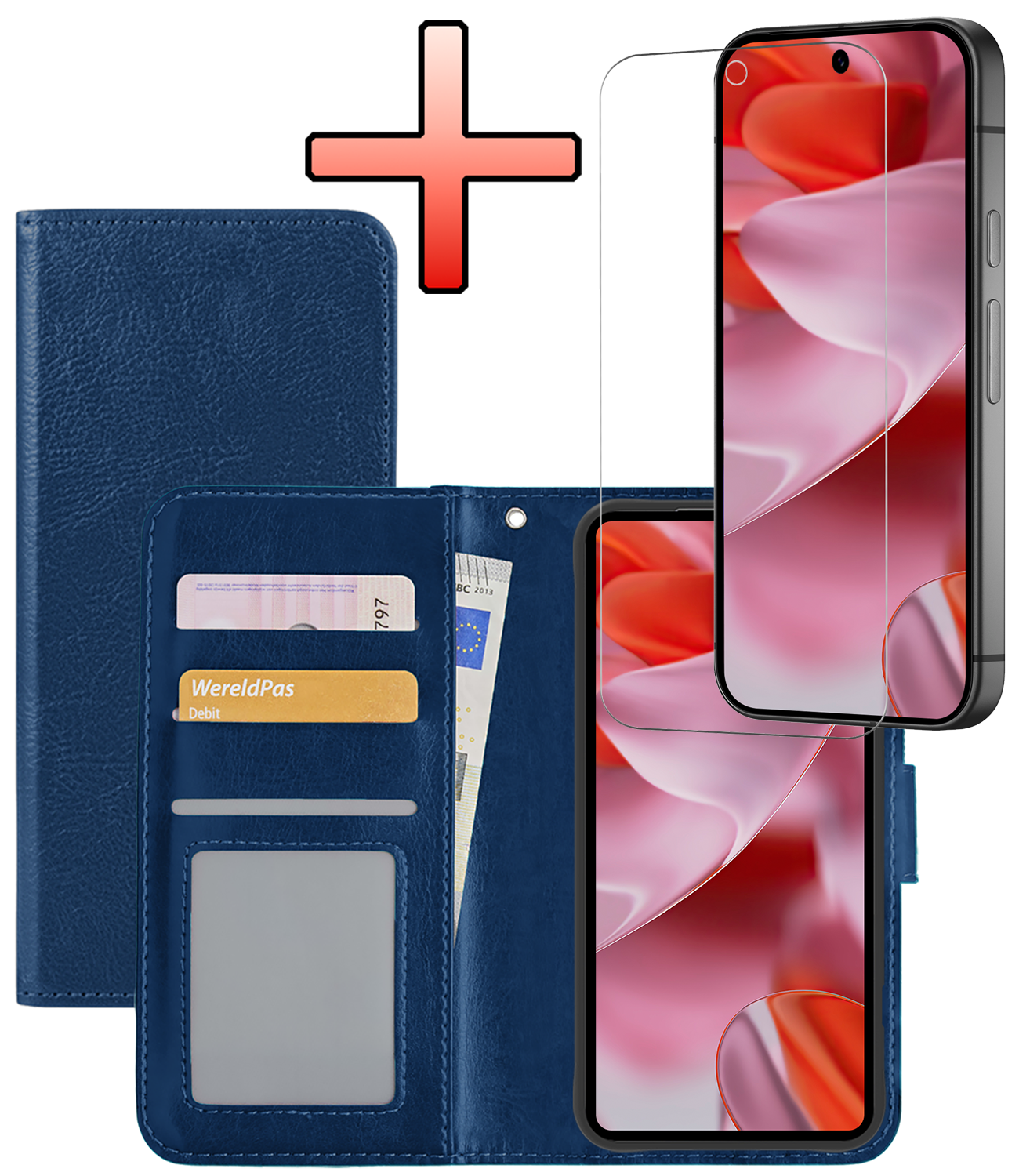 NoXx Hoesje Geschikt voor Google Pixel 9 Pro Hoesje Book Case Hoes Portemonnee Cover Walletcase Met Screenprotector - Hoes Geschikt voor Google Pixel 9 Pro Hoes Bookcase Hoesje - Donkerblauw
