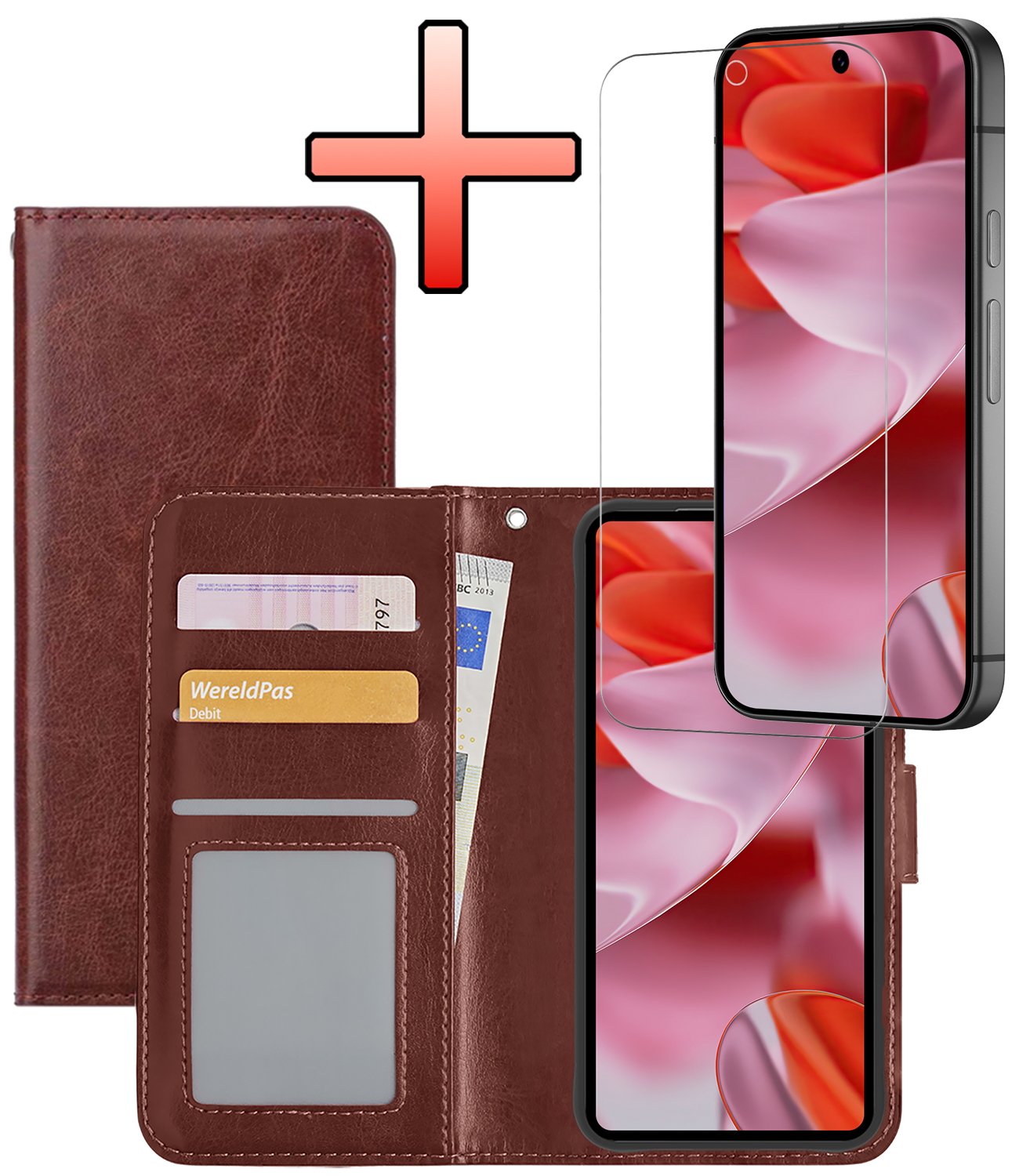 NoXx Hoesje Geschikt voor Google Pixel 9 Pro Hoesje Book Case Hoes Portemonnee Cover Walletcase Met Screenprotector - Hoes Geschikt voor Google Pixel 9 Pro Hoes Bookcase Hoesje - Bruin