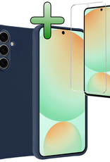 BASEY. Hoes Geschikt voor Samsung S24 FE Hoesje Siliconen Back Cover Case Met Screenprotector - Hoesje Geschikt voor Samsung Galaxy S24 FE Hoes Cover Hoesje - Donkerblauw