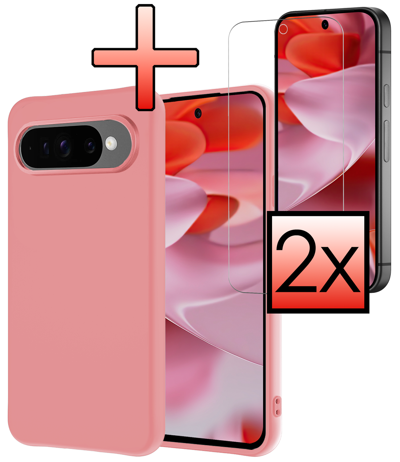 NoXx Hoesje Geschikt voor Google Pixel 9 Pro Hoesje Siliconen Case Hoes Met 2x Screenprotector - Hoes Geschikt voor Google Pixel 9 Pro Hoes Cover Case - Lichtroze