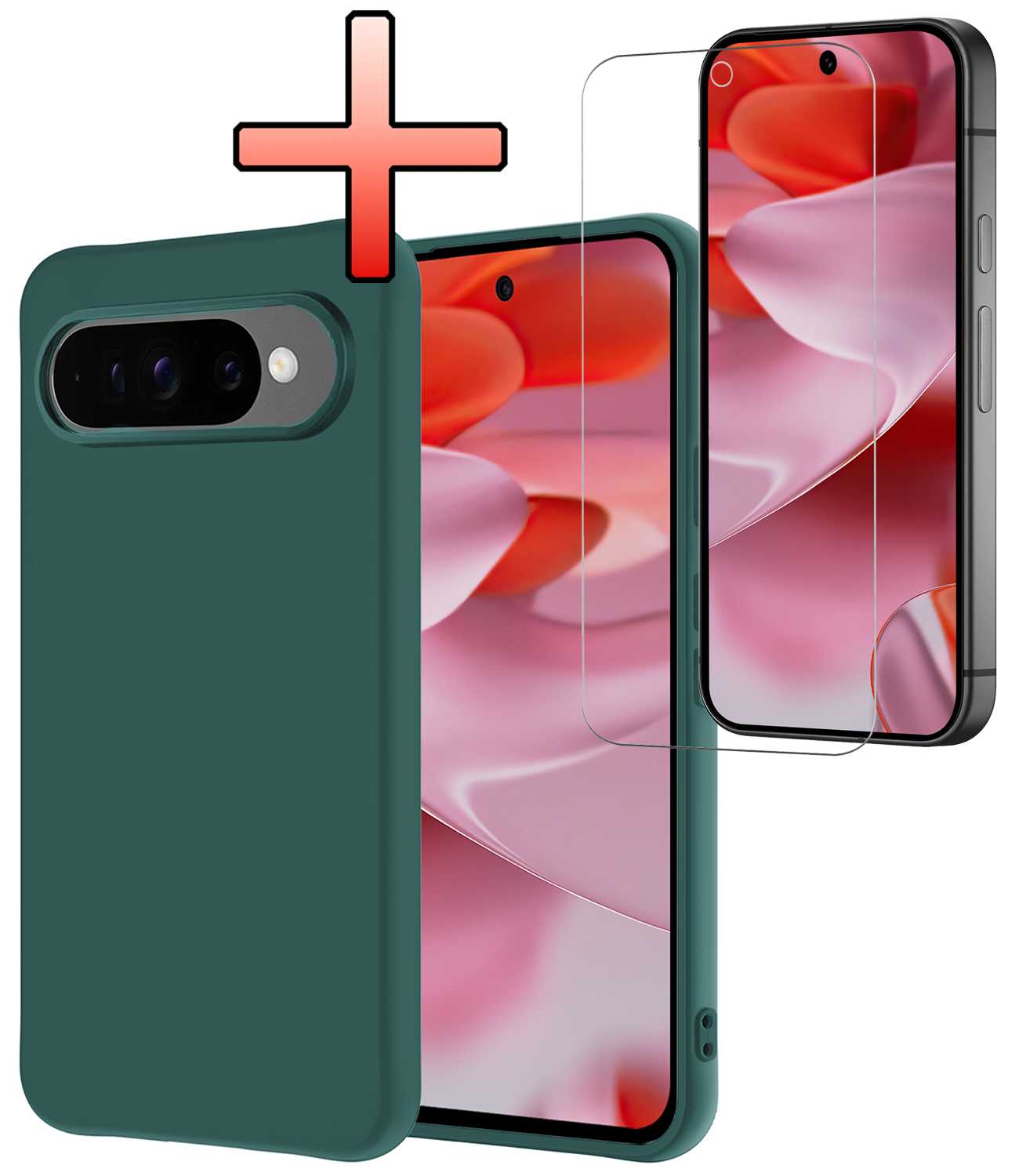 NoXx Hoesje Geschikt voor Google Pixel 9 Pro Hoesje Siliconen Case Hoes Met Screenprotector - Hoes Geschikt voor Google Pixel 9 Pro Hoes Cover Case - Donkergroen