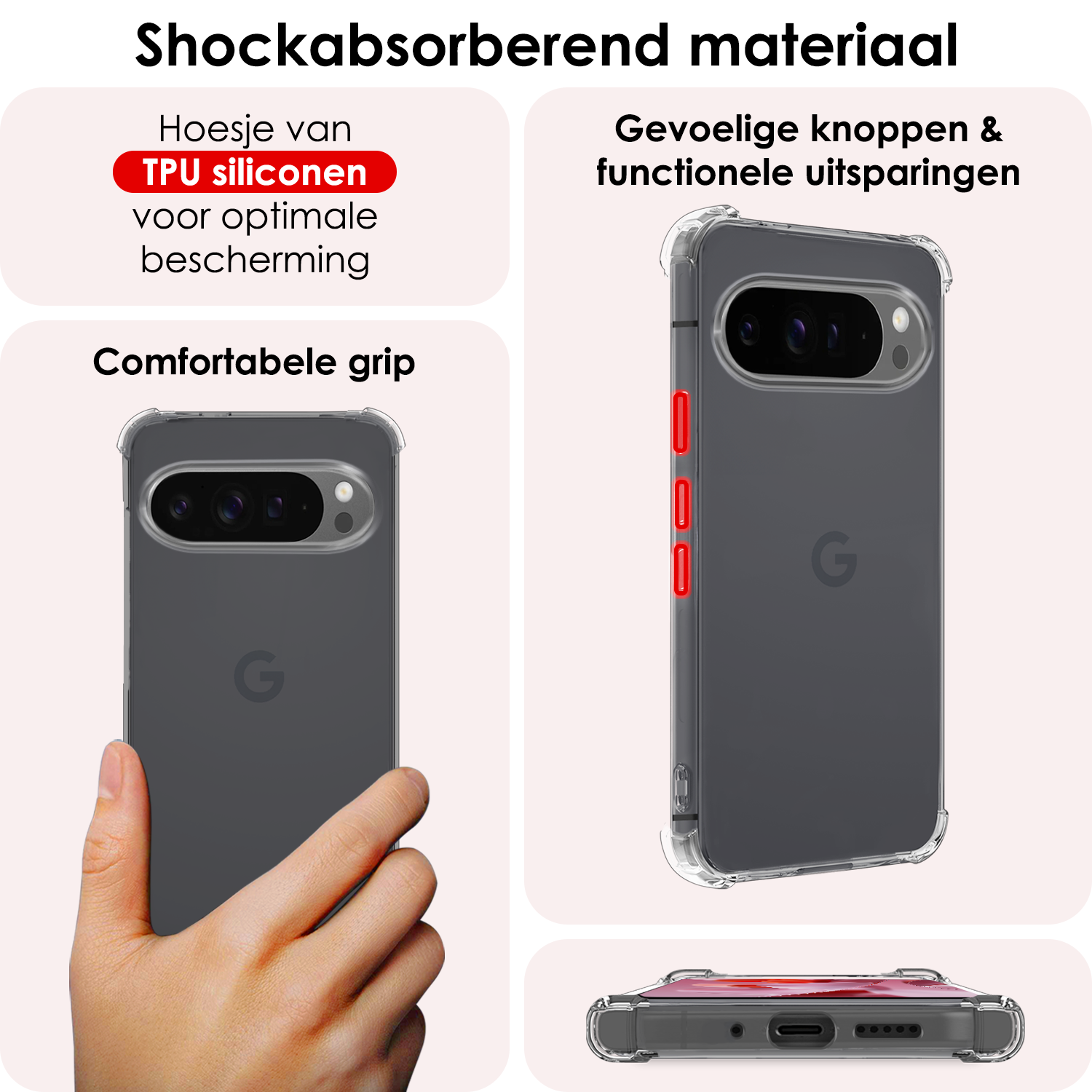 NoXx Hoesje Geschikt voor Google Pixel 9 Pro Hoesje Siliconen Shock Proof Case Hoes - Hoes Geschikt voor Google Pixel 9 Pro Hoes Cover Case Shockproof - Transparant - 2 PACK
