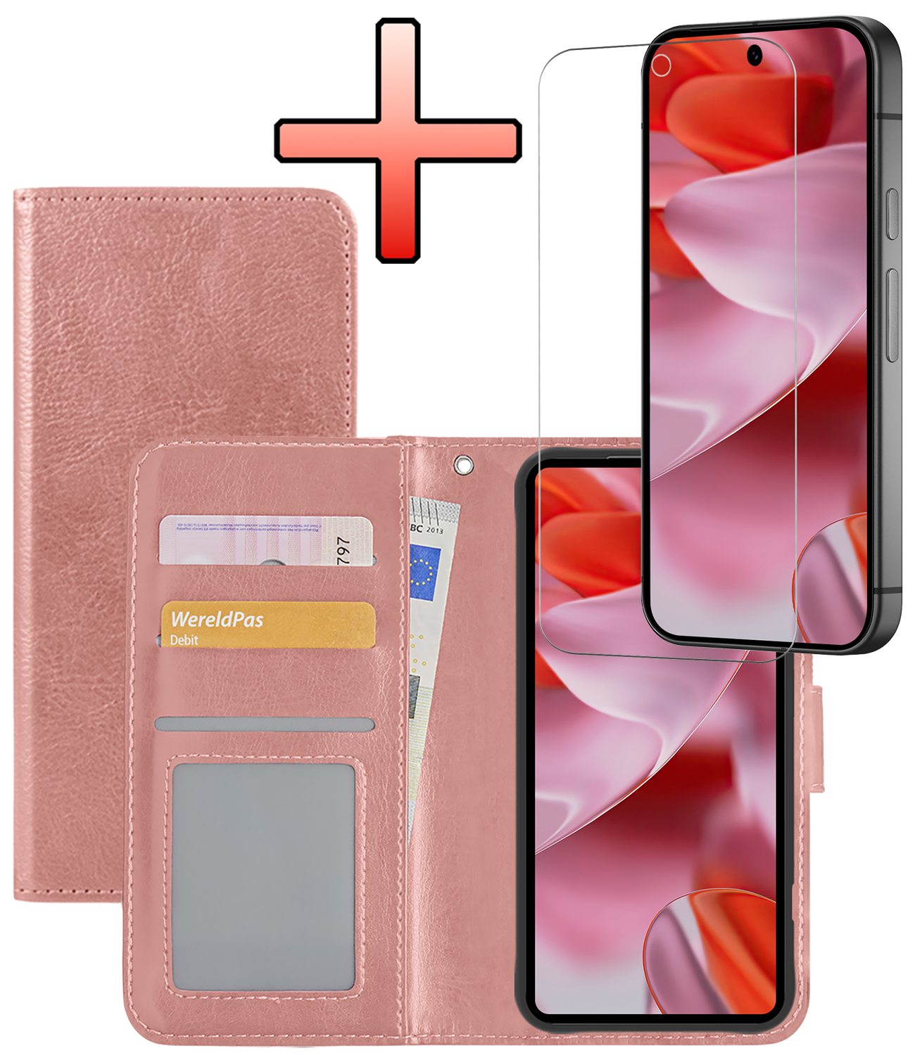 NoXx Hoesje Geschikt voor Google Pixel 9 Hoesje Book Case Hoes Portemonnee Cover Walletcase Met Screenprotector - Hoes Geschikt voor Google Pixel 9 Hoes Bookcase Hoesje - Rosé goud