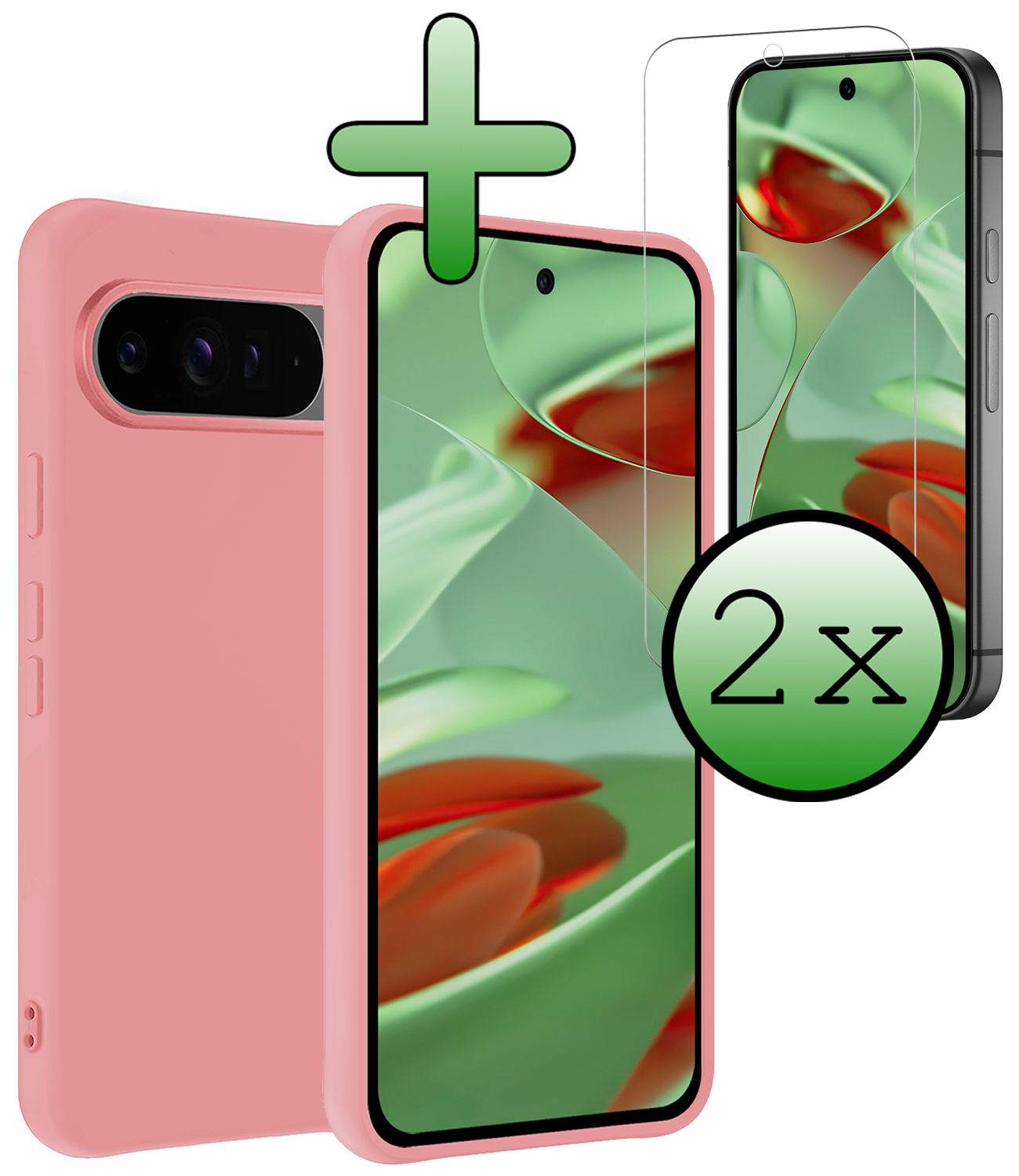 BASEY. Hoesje Geschikt voor Google Pixel 9 Pro Hoesje Siliconen Case Hoes Met 2x Screenprotector - Hoes Geschikt voor Google Pixel 9 Pro Hoes Cover Case - Lichtroze