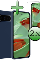 BASEY. Hoesje Geschikt voor Google Pixel 9 Pro Hoesje Siliconen Case Hoes Met 2x Screenprotector - Hoes Geschikt voor Google Pixel 9 Pro Hoes Cover Case - Donkerblauw