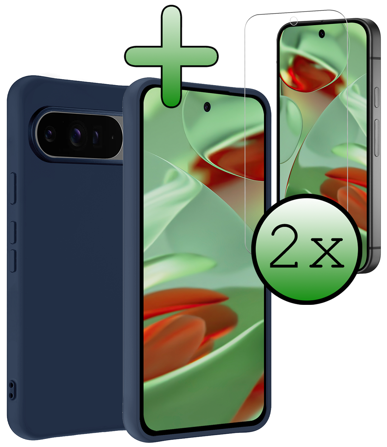 BASEY. Hoesje Geschikt voor Google Pixel 9 Pro Hoesje Siliconen Case Hoes Met 2x Screenprotector - Hoes Geschikt voor Google Pixel 9 Pro Hoes Cover Case - Donkerblauw