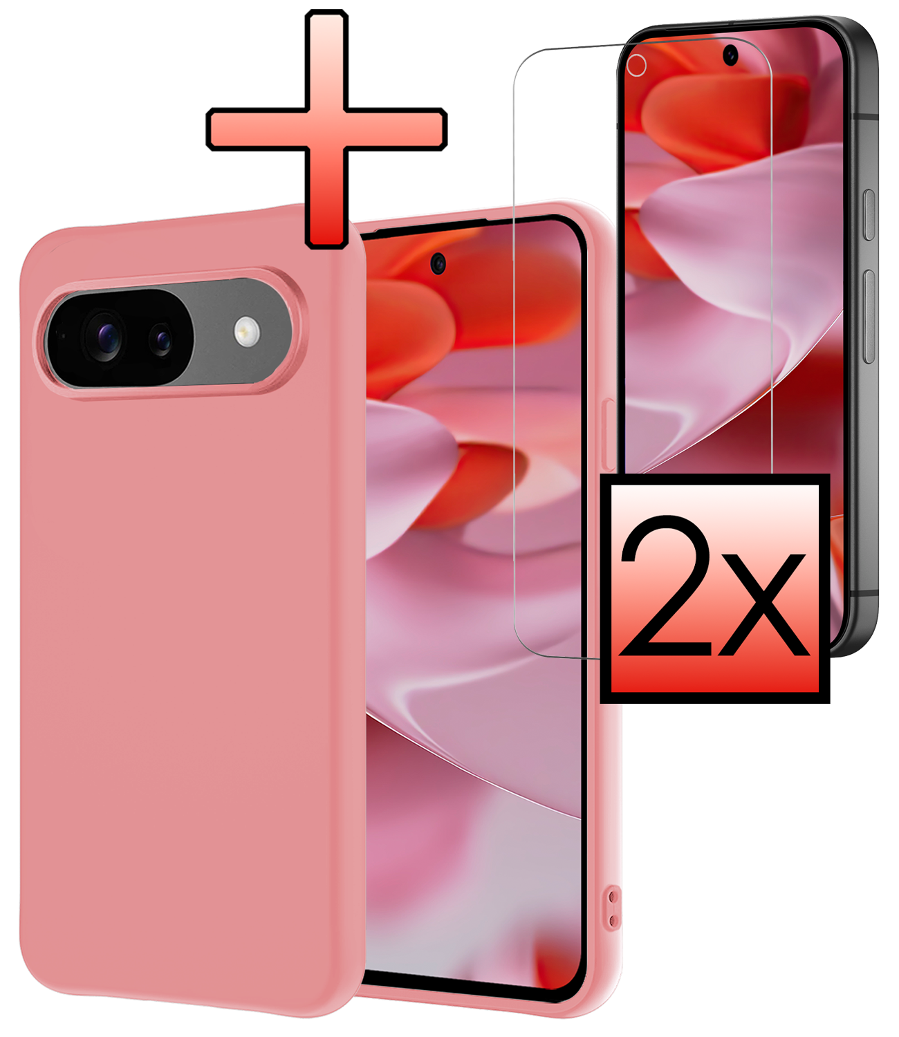 NoXx Hoesje Geschikt voor Google Pixel 9 Hoesje Siliconen Case Hoes Met 2x Screenprotector - Hoes Geschikt voor Google Pixel 9 Hoes Cover Case - Lichtroze