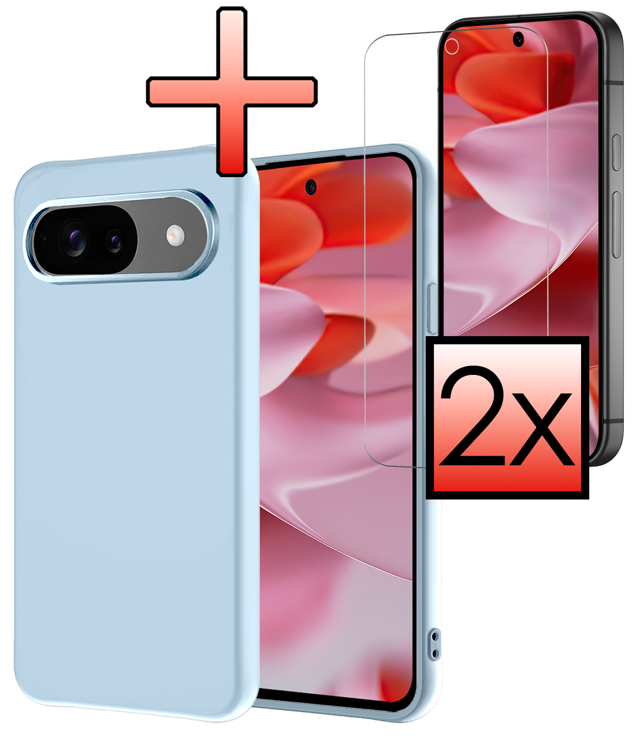 NoXx Hoesje Geschikt voor Google Pixel 9 Hoesje Siliconen Case Hoes Met 2x Screenprotector - Hoes Geschikt voor Google Pixel 9 Hoes Cover Case - Lichtblauw
