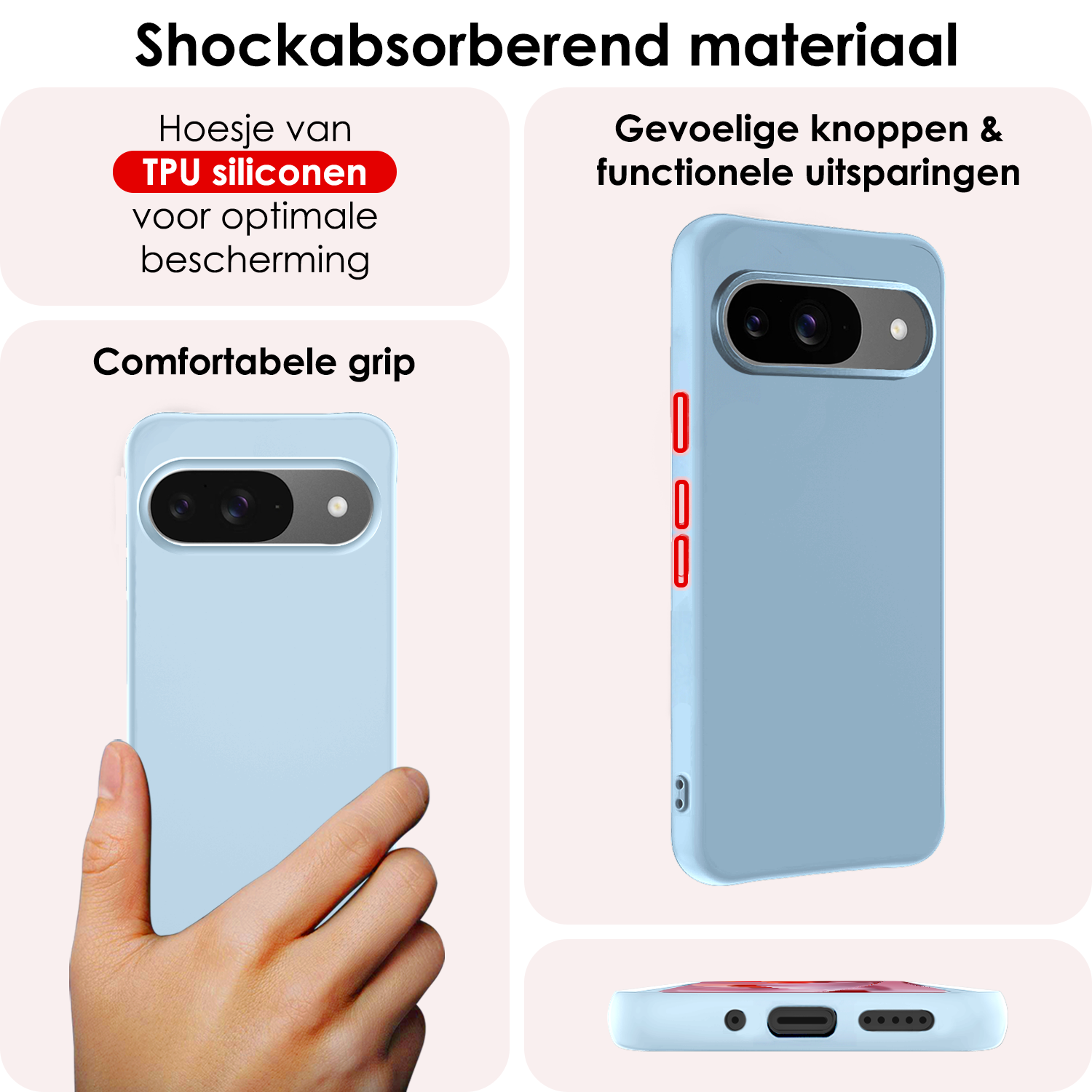 NoXx Hoesje Geschikt voor Google Pixel 9 Hoesje Siliconen Case Hoes Met 2x Screenprotector - Hoes Geschikt voor Google Pixel 9 Hoes Cover Case - Lichtblauw