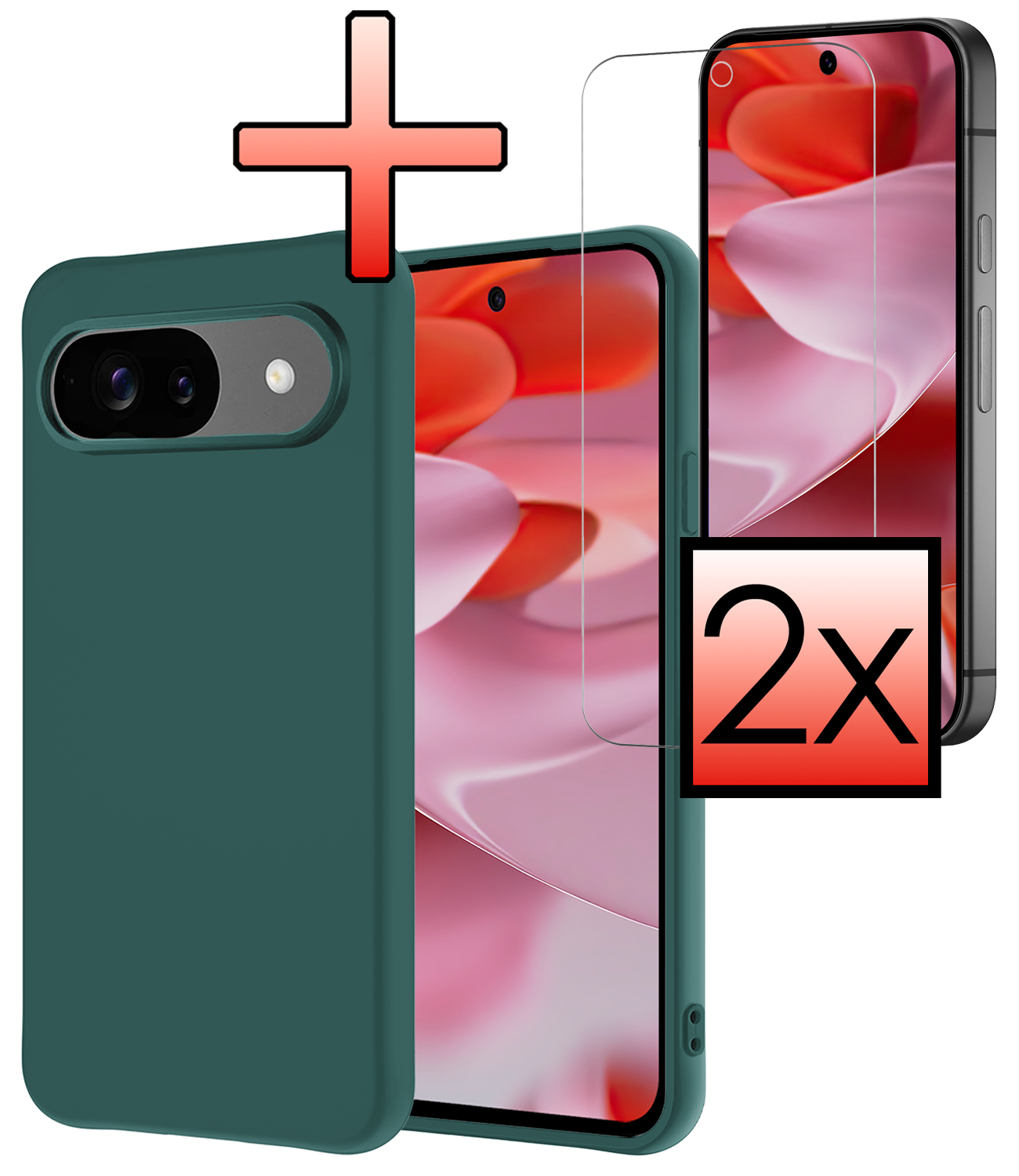 NoXx Hoesje Geschikt voor Google Pixel 9 Hoesje Siliconen Case Hoes Met 2x Screenprotector - Hoes Geschikt voor Google Pixel 9 Hoes Cover Case - Donkergroen