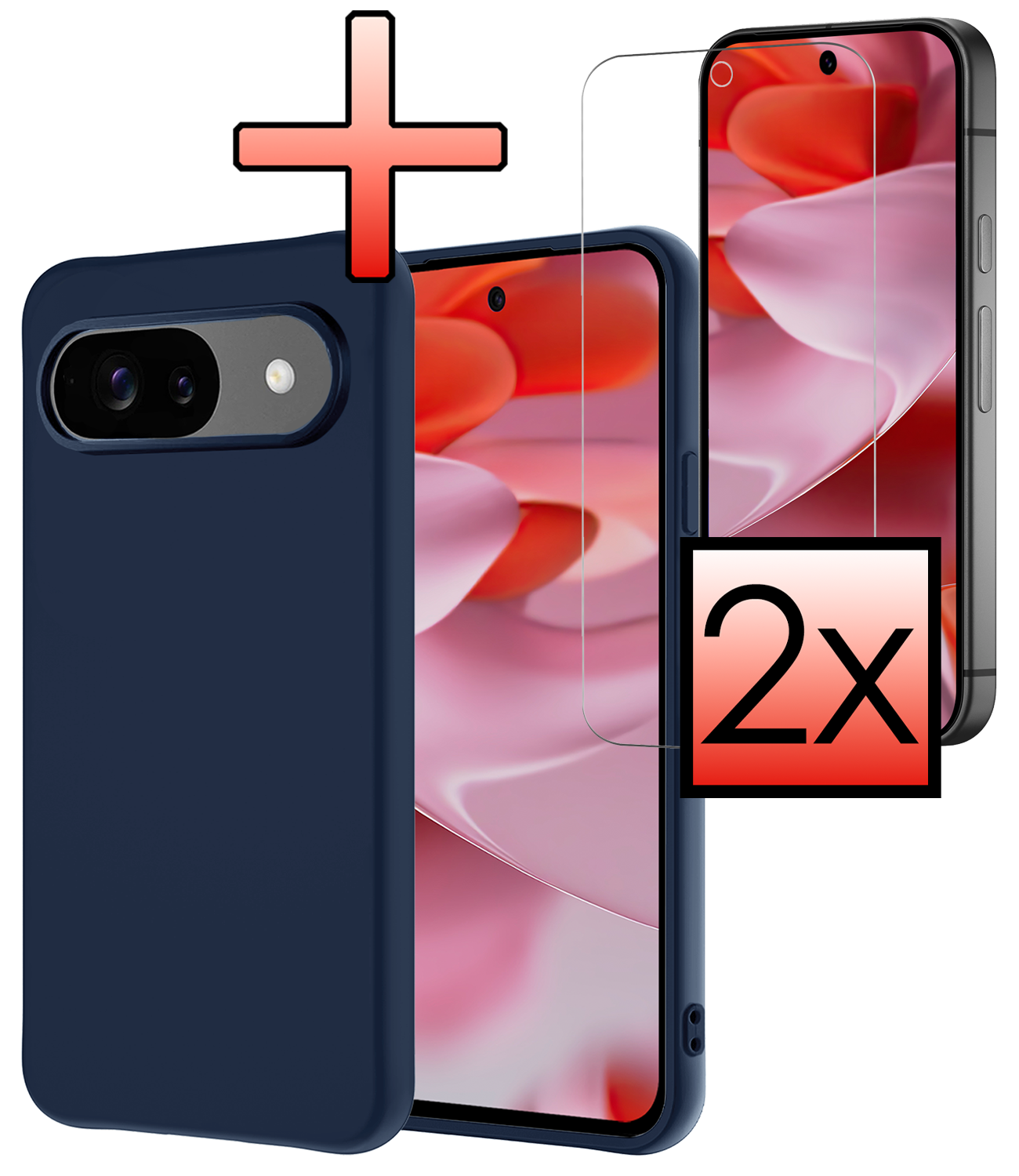 NoXx Hoesje Geschikt voor Google Pixel 9 Hoesje Siliconen Case Hoes Met 2x Screenprotector - Hoes Geschikt voor Google Pixel 9 Hoes Cover Case - Donkerblauw
