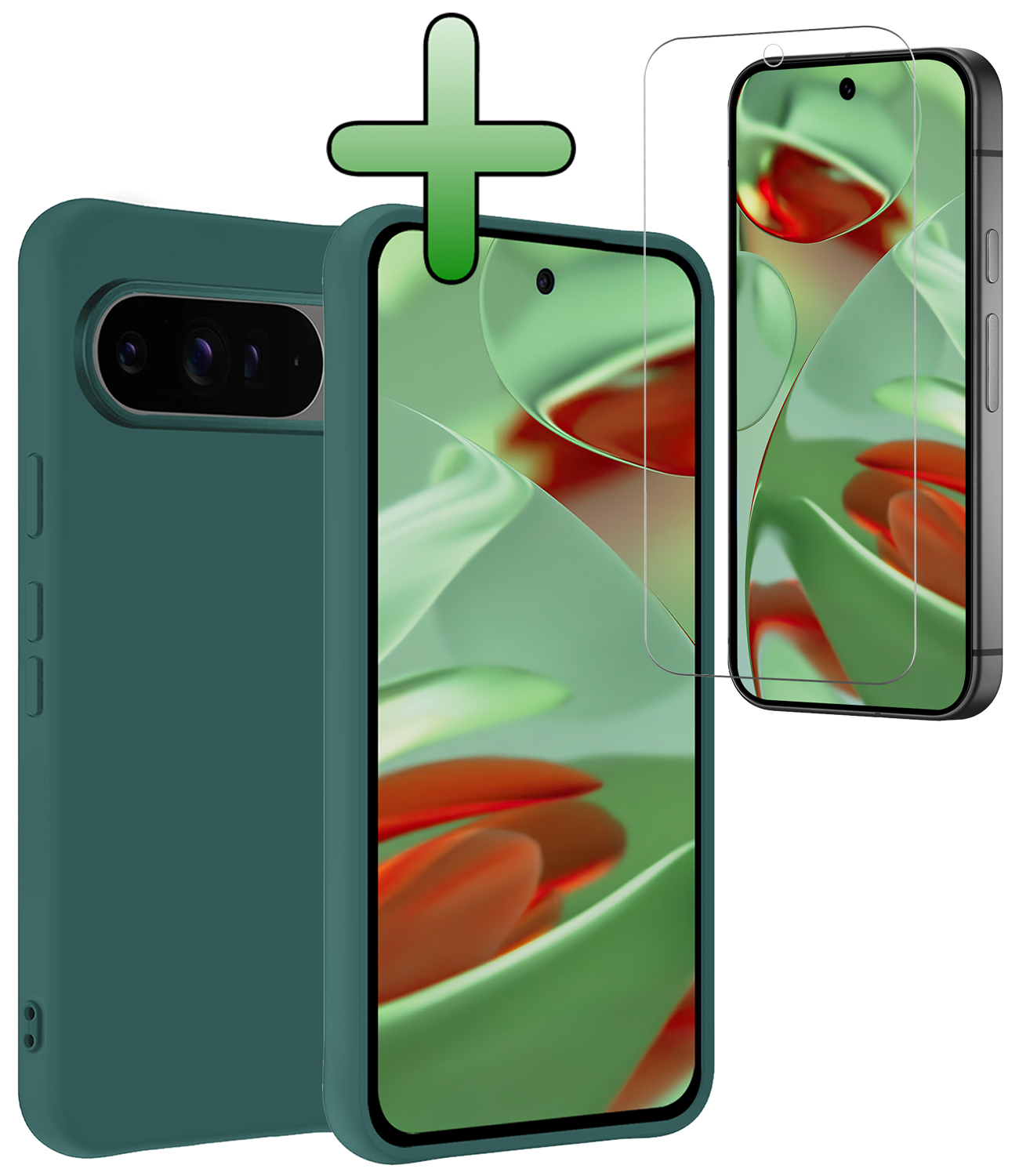 BASEY. Hoesje Geschikt voor Google Pixel 9 Pro Hoesje Siliconen Case Hoes Met Screenprotector - Hoes Geschikt voor Google Pixel 9 Pro Hoes Cover Case - Donkergroen