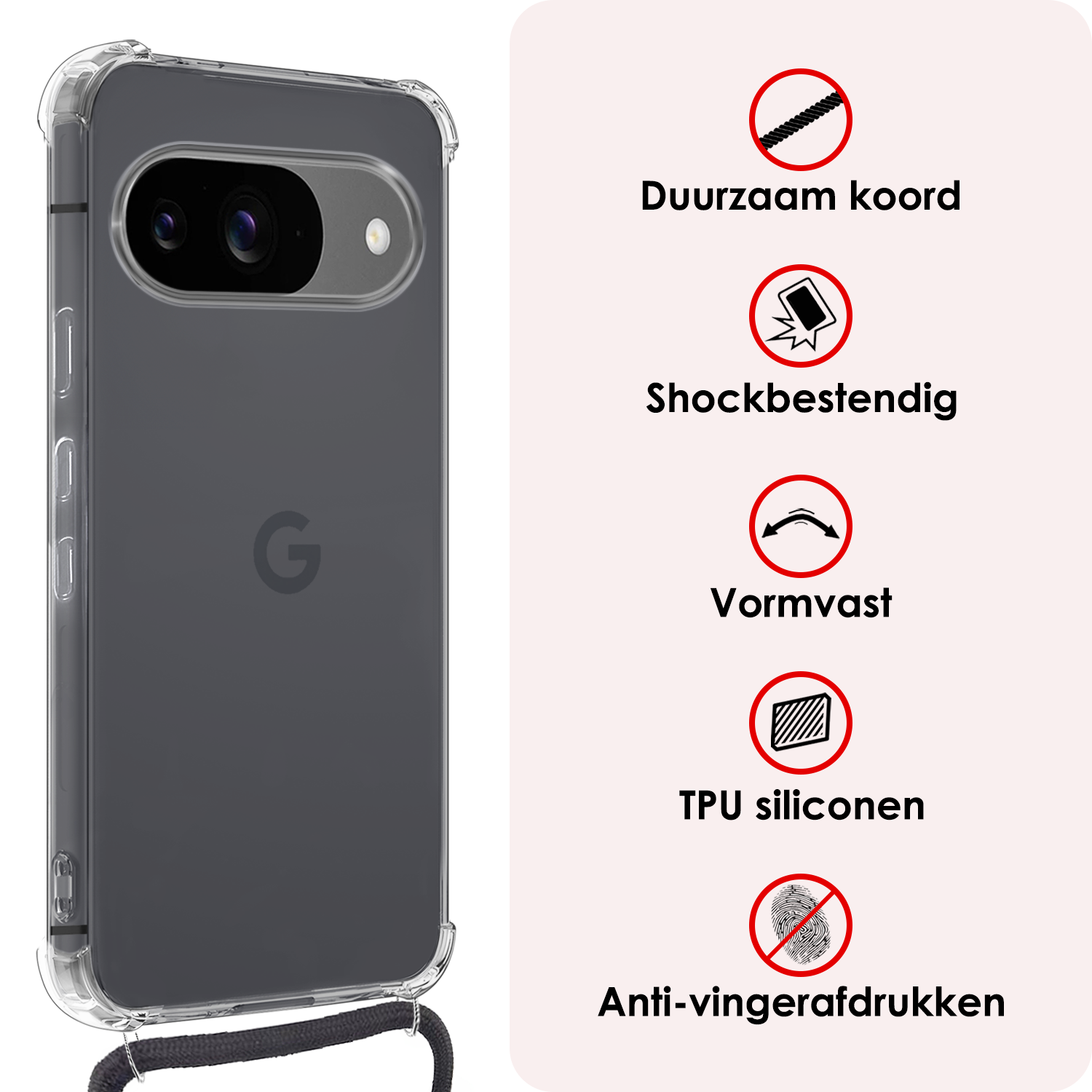 NoXx Hoesje Geschikt voor Google Pixel 9 Hoesje Siliconen Shock Proof Hoesje Met Koord Case Met Telefoonkoord - Hoes Geschikt voor Google Pixel 9 Hoesje Cover Shockproof Met Koord - Transparant