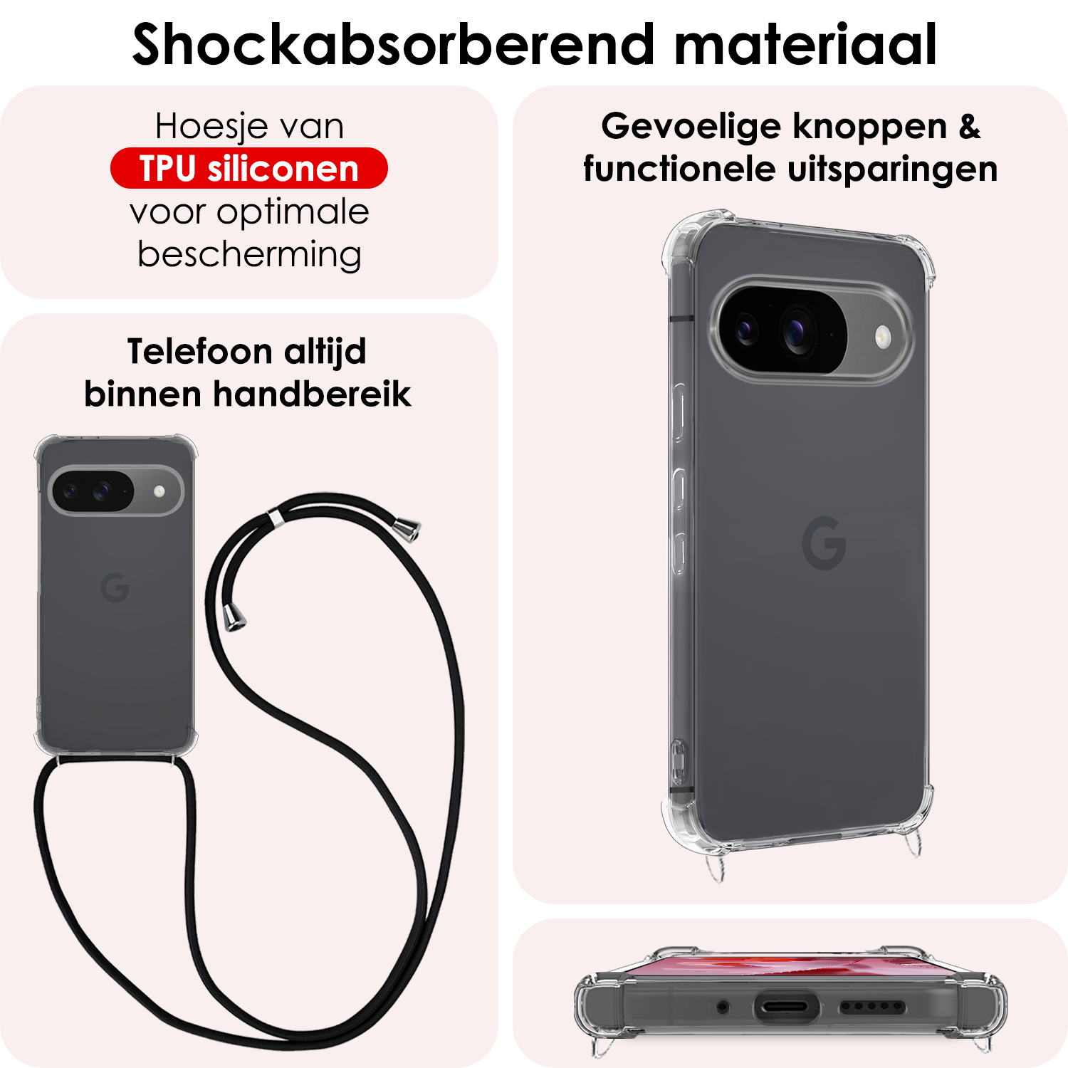 NoXx Hoesje Geschikt voor Google Pixel 9 Hoesje Siliconen Shock Proof Hoesje Met Koord Case Met Telefoonkoord - Hoes Geschikt voor Google Pixel 9 Hoesje Cover Shockproof Met Koord - Transparant