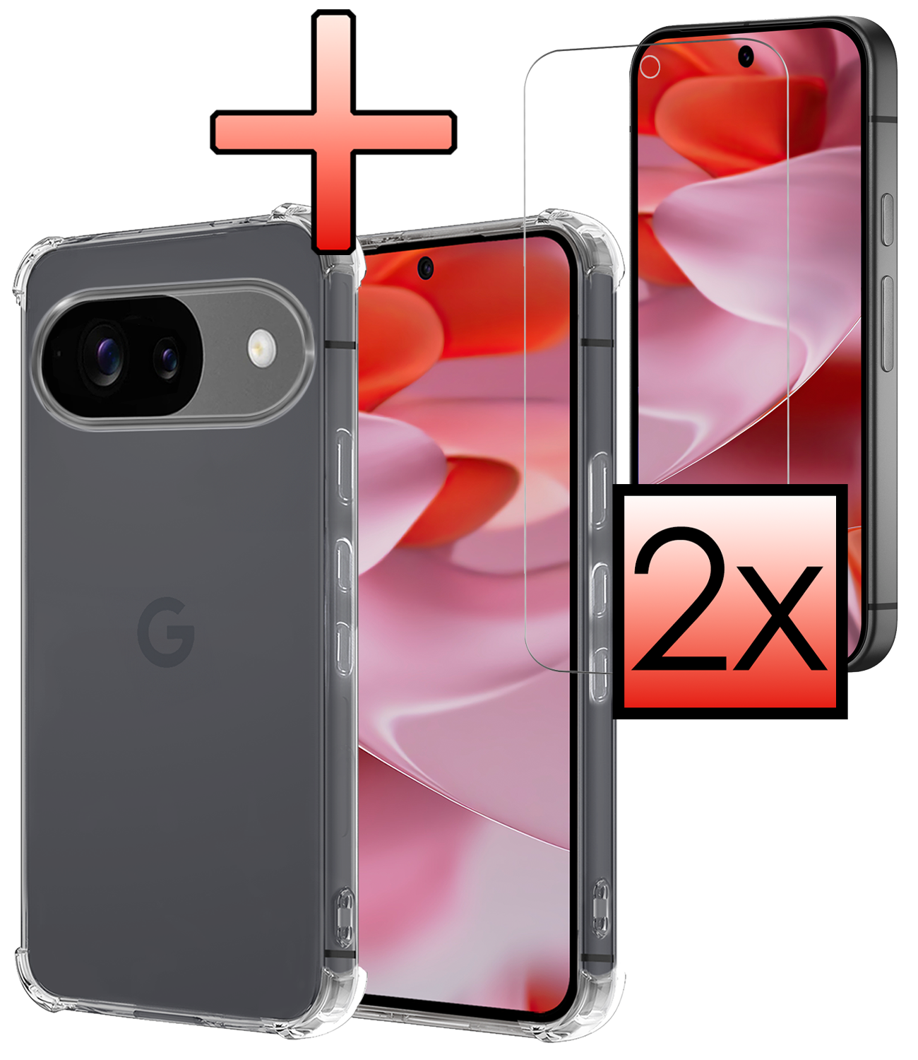 NoXx Hoesje Geschikt voor Google Pixel 9 Hoesje Siliconen Shock Proof Case Hoes Met 2x Screenprotector - Hoes Geschikt voor Google Pixel 9 Hoes Cover Case Shockproof - Transparant
