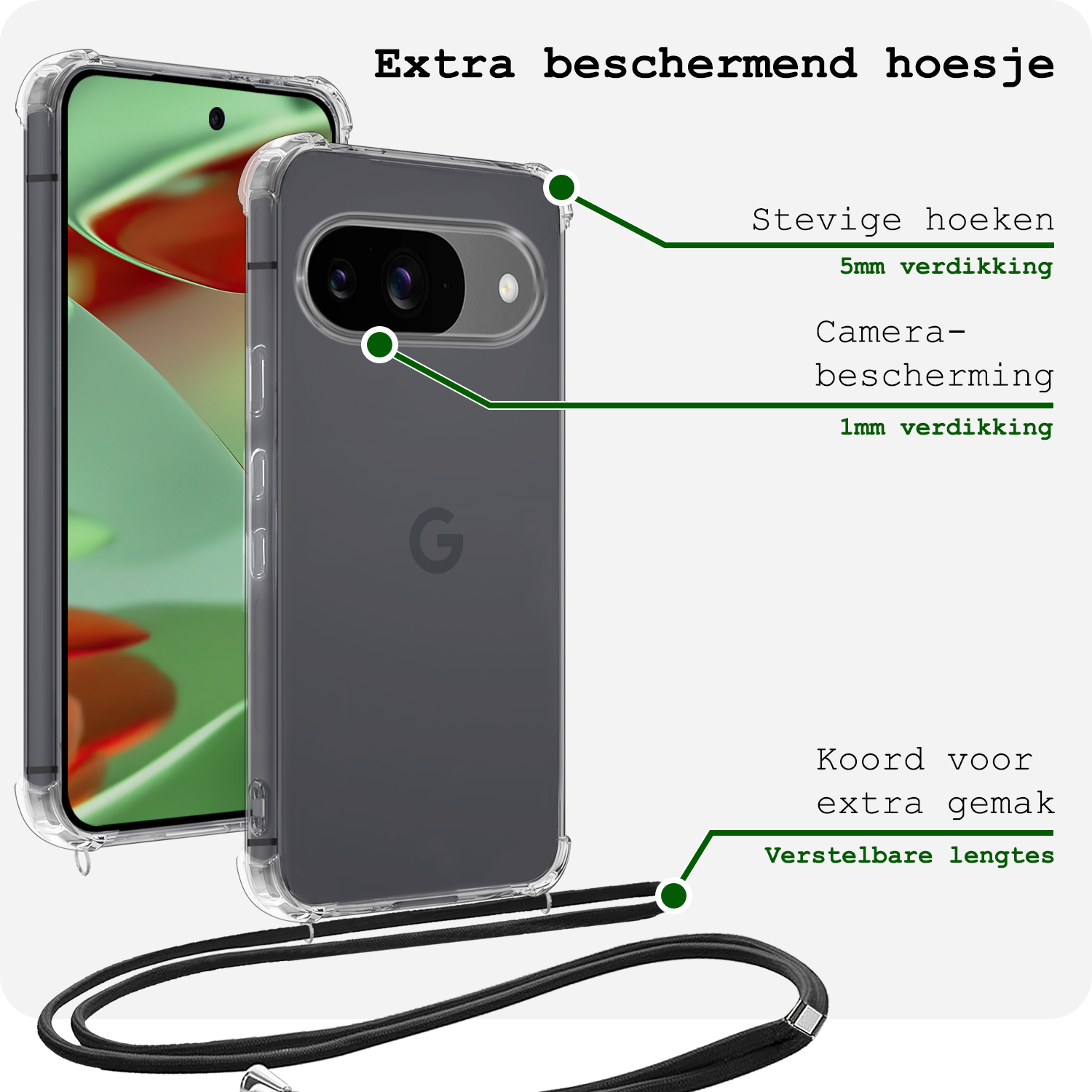 BASEY. Hoesje Geschikt voor Google Pixel 9 Hoesje Siliconen Shock Proof Hoesje Met Koord Case Met Telefoonkoord - Hoes Geschikt voor Google Pixel 9 Hoesje Cover Shockproof Met Koord - Transparant