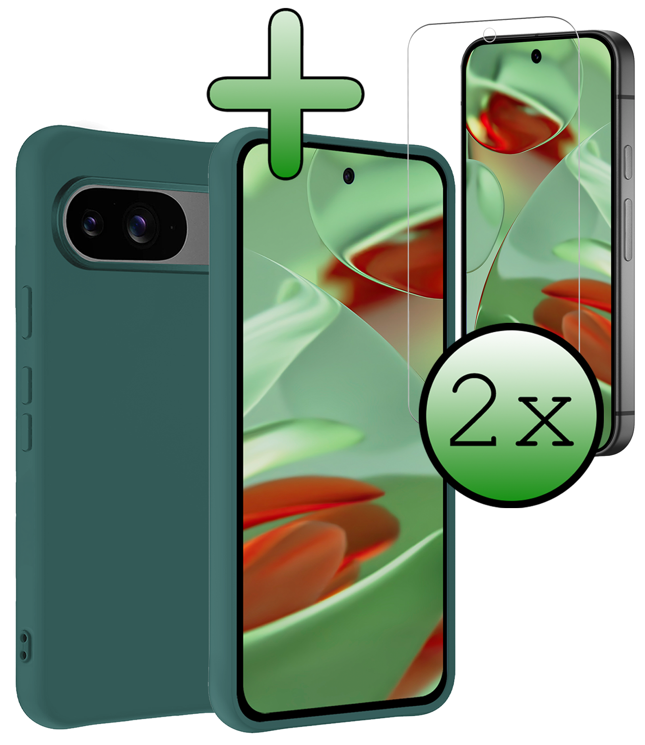 BASEY. Hoesje Geschikt voor Google Pixel 9 Hoesje Siliconen Case Hoes Met 2x Screenprotector - Hoes Geschikt voor Google Pixel 9 Hoes Cover Case - Donkergroen