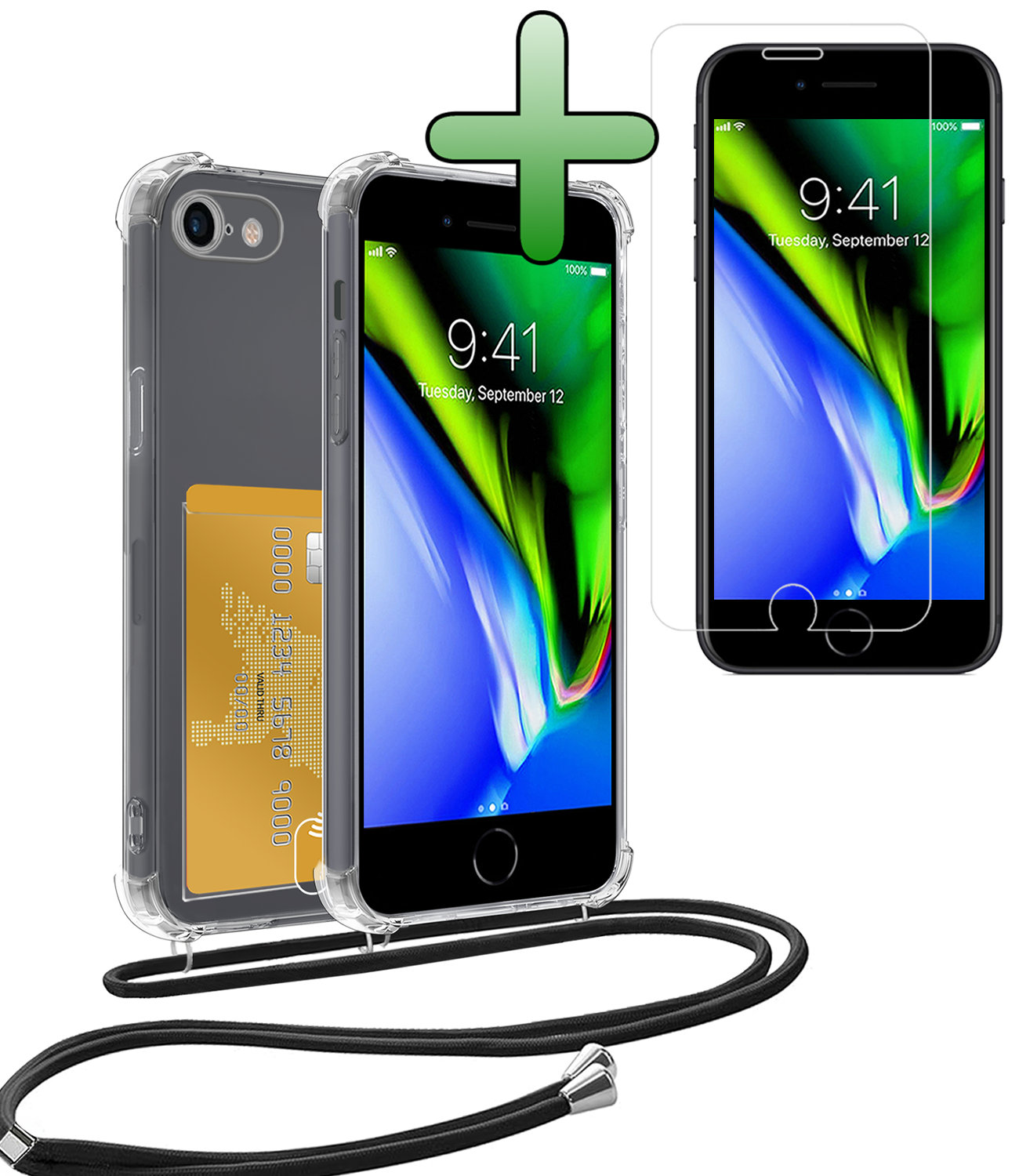 BASEY. Hoes Geschikt voor iPhone SE 2020 Hoesje Pas Houder Shock Proof Case Hoes Met Koord Met Screenprotector - Hoesje Geschikt voor iPhone SE (2020) Hoes Met Telefoonkoord Pasjeshouder Cover - Transparant