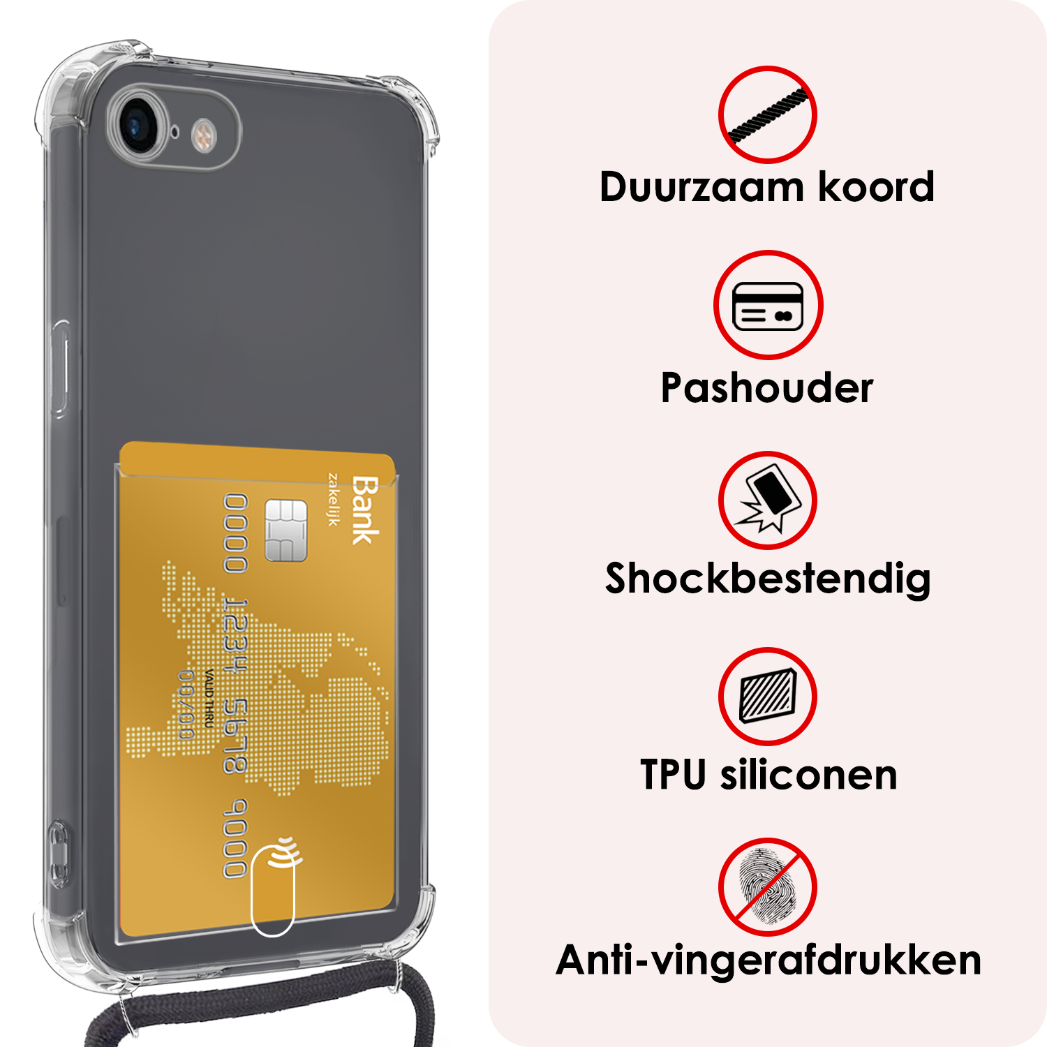 NoXx Hoes Geschikt voor iPhone SE 2022 Hoesje Pasjeshouder Cover Met Koord Shock Proof Case Siliconen Hoes Met Telefoonkoord en Kaarthouder - Transparant