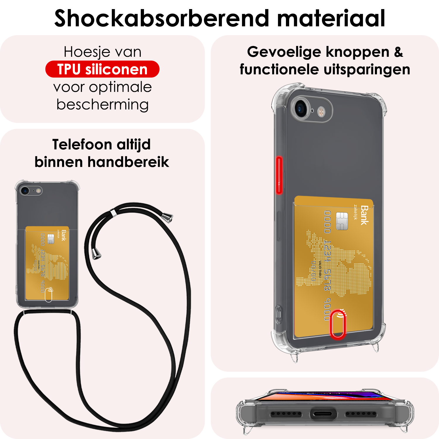 NoXx Hoes Geschikt voor iPhone SE 2022 Hoesje Pasjeshouder Cover Met Koord Shock Proof Case Siliconen Hoes Met Telefoonkoord en Kaarthouder - Transparant