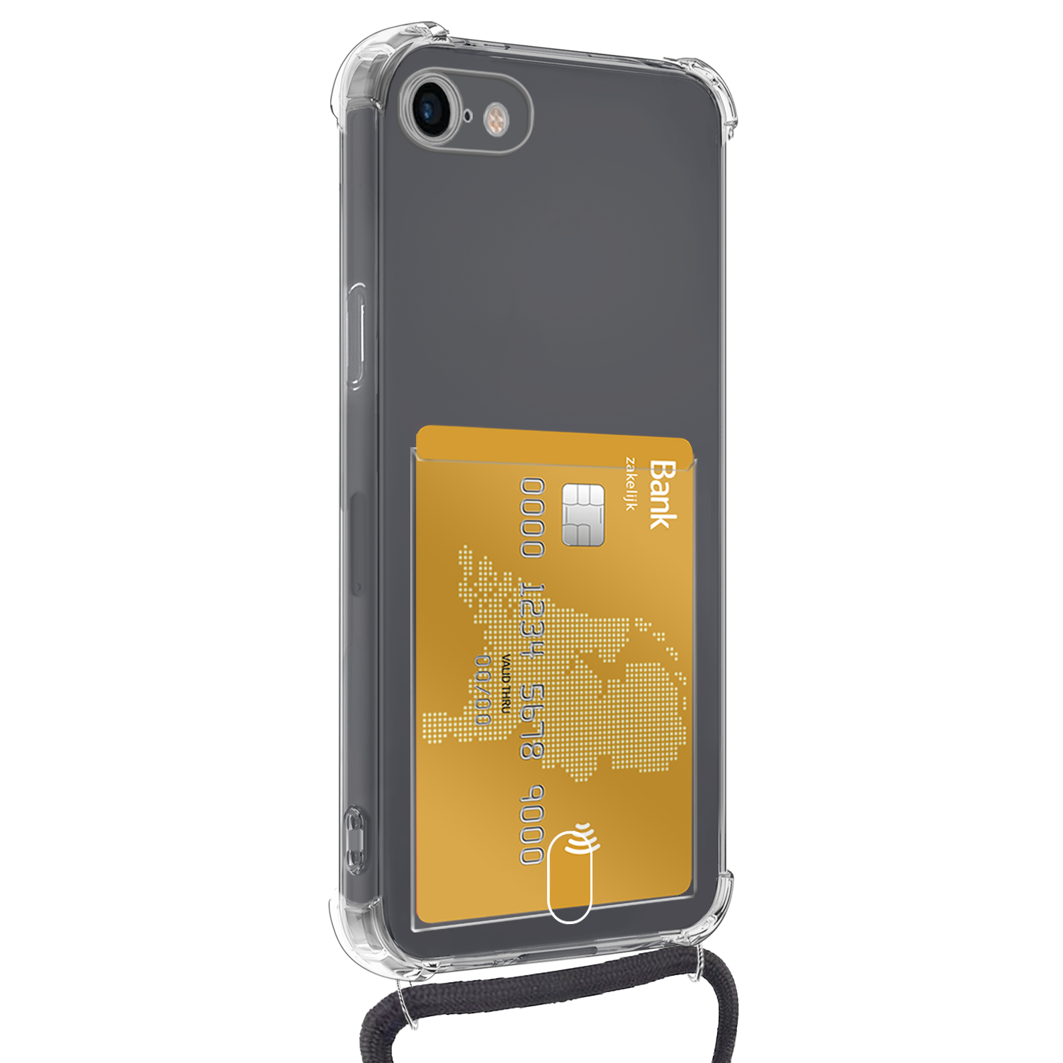 NoXx Hoes Geschikt voor iPhone SE 2022 Hoesje Pasjeshouder Cover Met Koord Shock Proof Case Siliconen Hoes Met Telefoonkoord en Kaarthouder - Transparant - 2 PACK