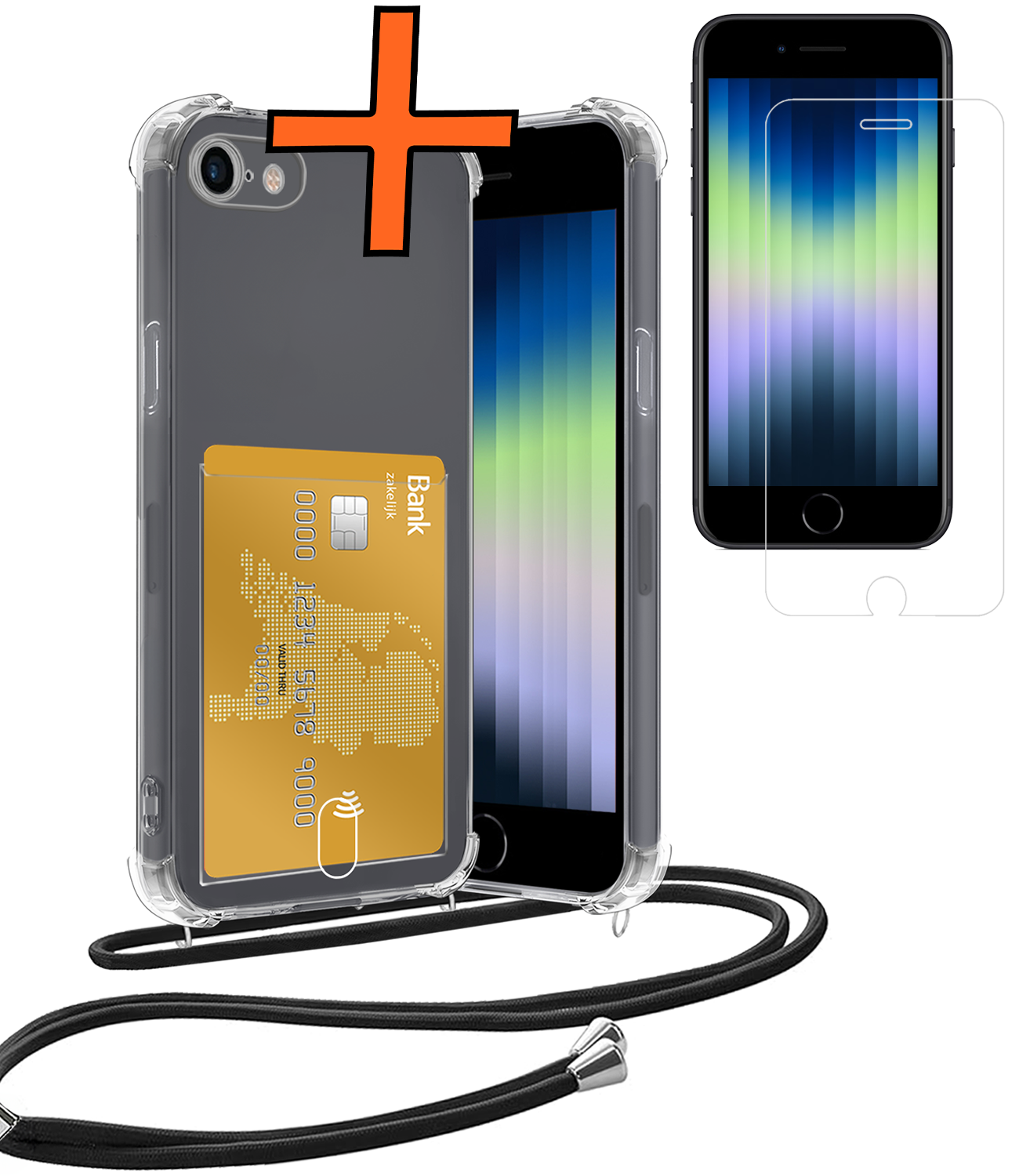 Nomfy Hoesje Geschikt voor iPhone SE 2020 Hoesje Met Telefoonketting Pasjeshouder Shockproof Case Met Screenprotector Koord - Hoesje Geschikt voor iPhone SE (2020) Hoes Met Kaarthouder - Transparant