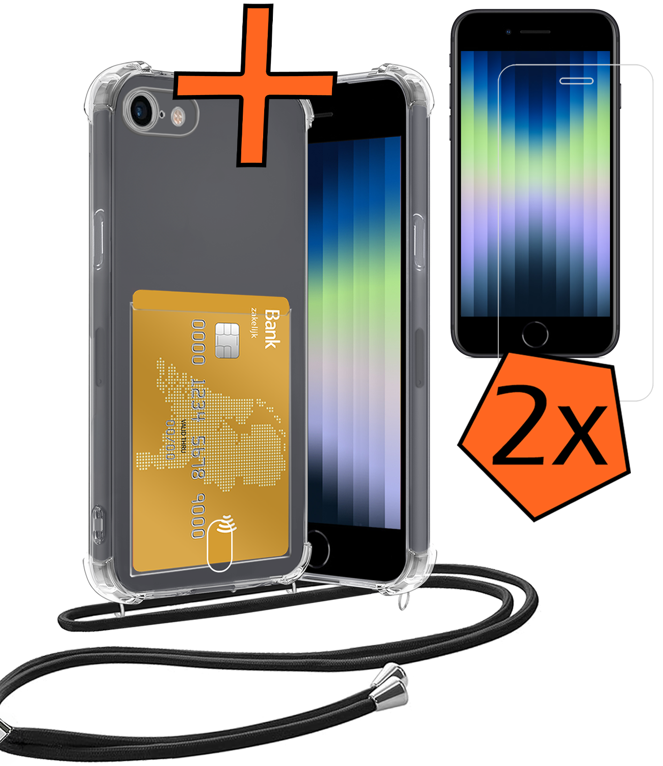 Nomfy Hoesje Geschikt voor iPhone SE 2020 Hoesje Met Telefoonketting Pasjeshouder Shockproof Case Met 2x Screenprotector Koord - Hoesje Geschikt voor iPhone SE (2020) Hoes Met Kaarthouder - Transparant