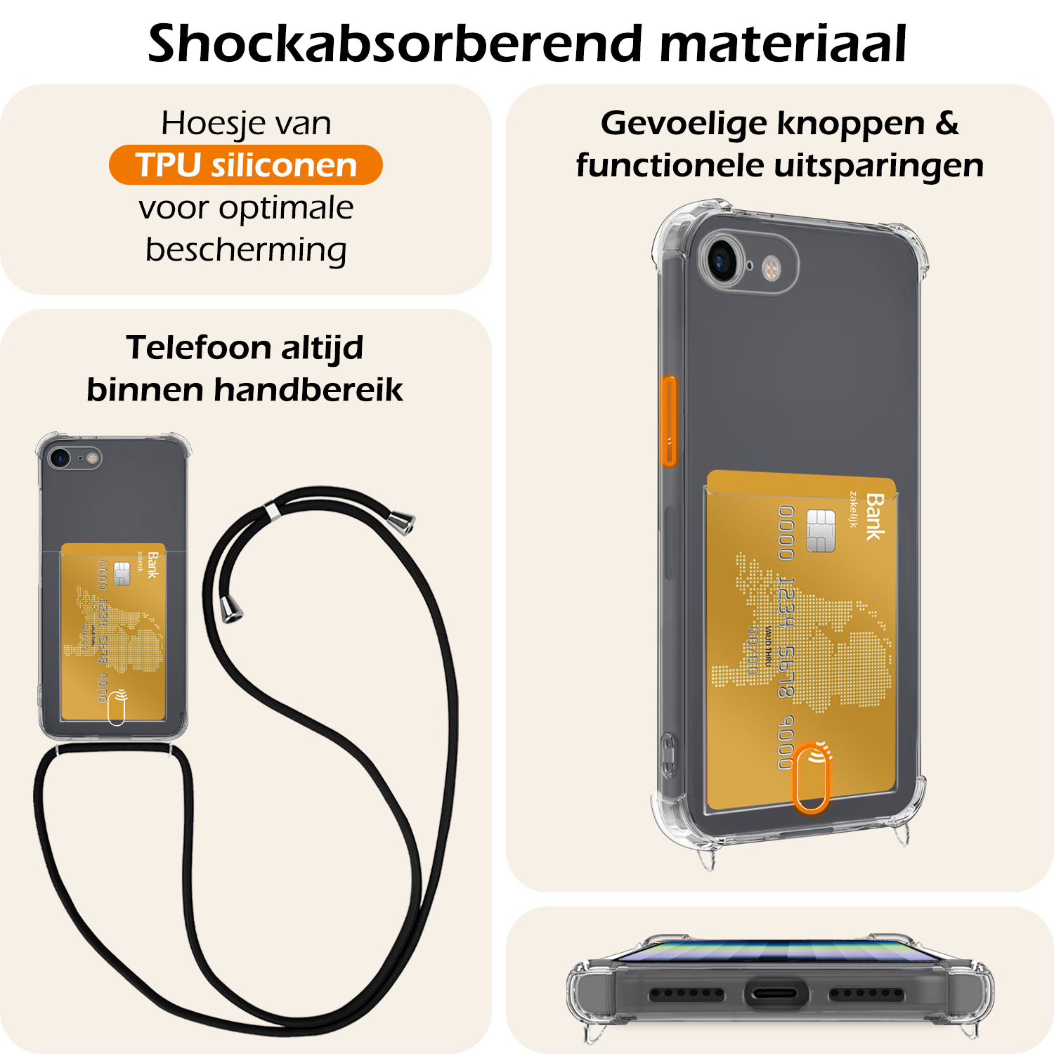 Nomfy Hoesje Geschikt voor iPhone SE 2022 Hoesje Met Telefoonketting Pasjeshouder Shockproof Case Met 2x Screenprotector Koord - Hoesje Geschikt voor iPhone SE (2022) Hoes Met Kaarthouder - Transparant