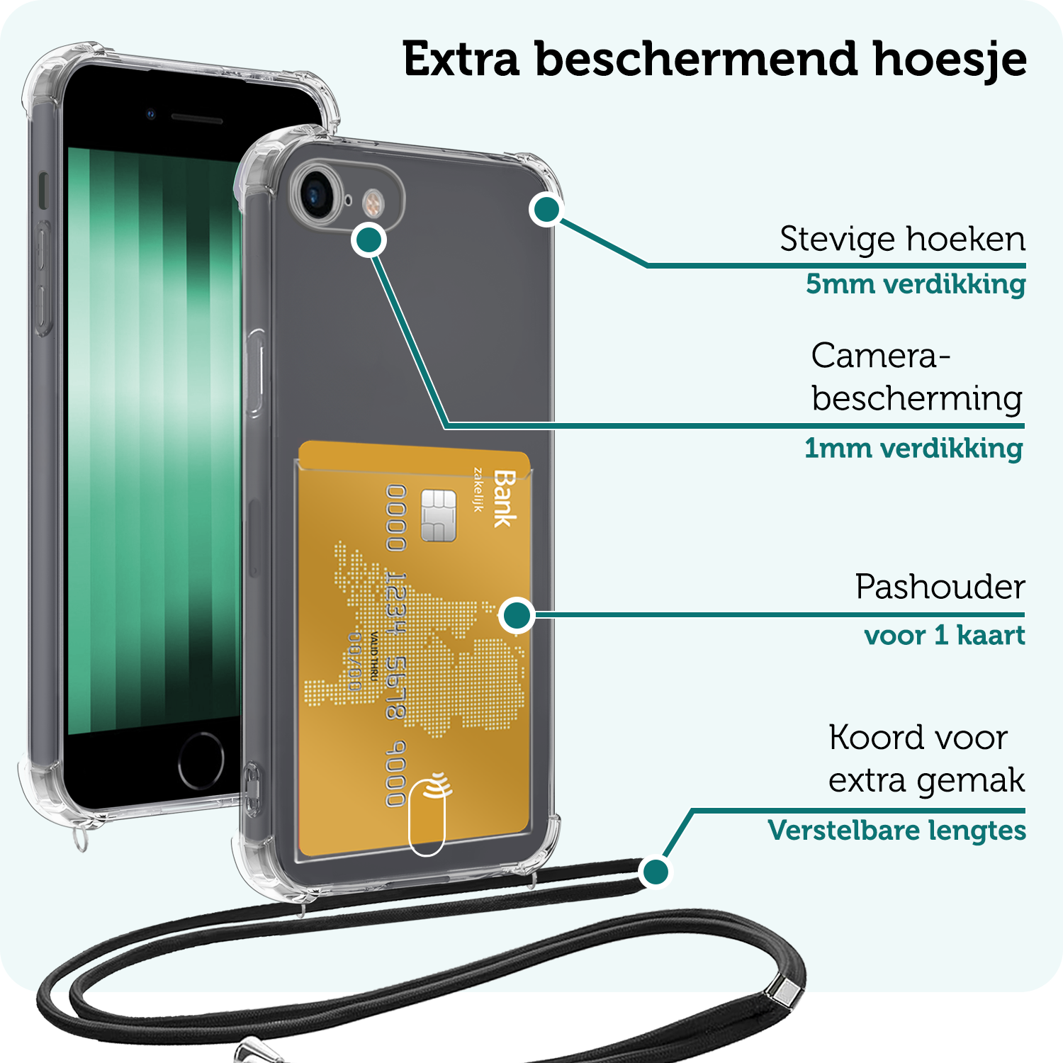 Forterra Hoesje Geschikt voor iPhone 8 Pashouder Case Siliconen Hoes Met Koord Met 2x Screenprotector - Hoes Geschikt voor iPhone 8 Met Telefoonkoord Hoesje Back Cover Met Pasjeshouder - Transparant