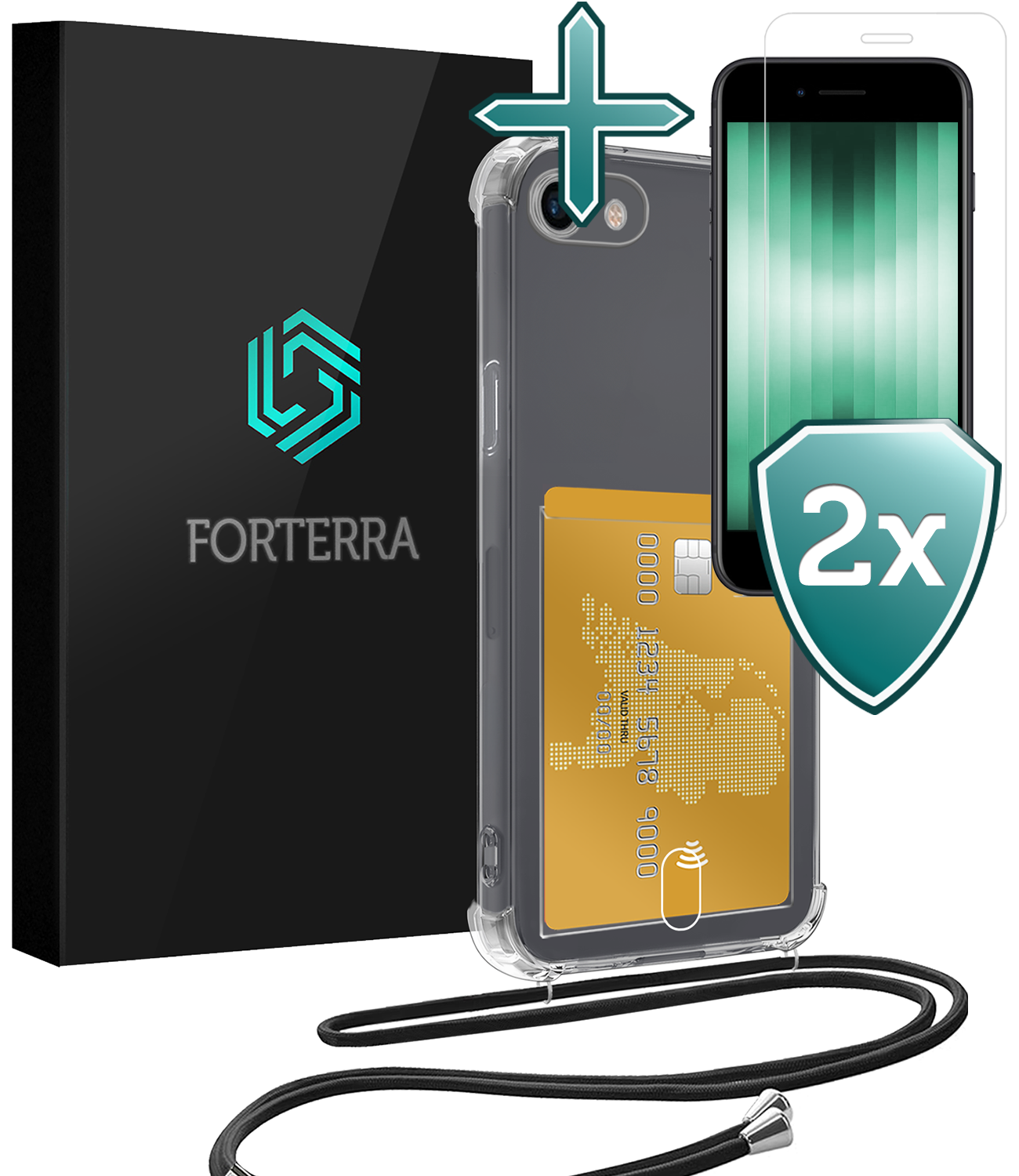 Forterra Hoesje Geschikt voor iPhone 8 Pashouder Case Siliconen Hoes Met Koord Met 2x Screenprotector - Hoes Geschikt voor iPhone 8 Met Telefoonkoord Hoesje Back Cover Met Pasjeshouder - Transparant