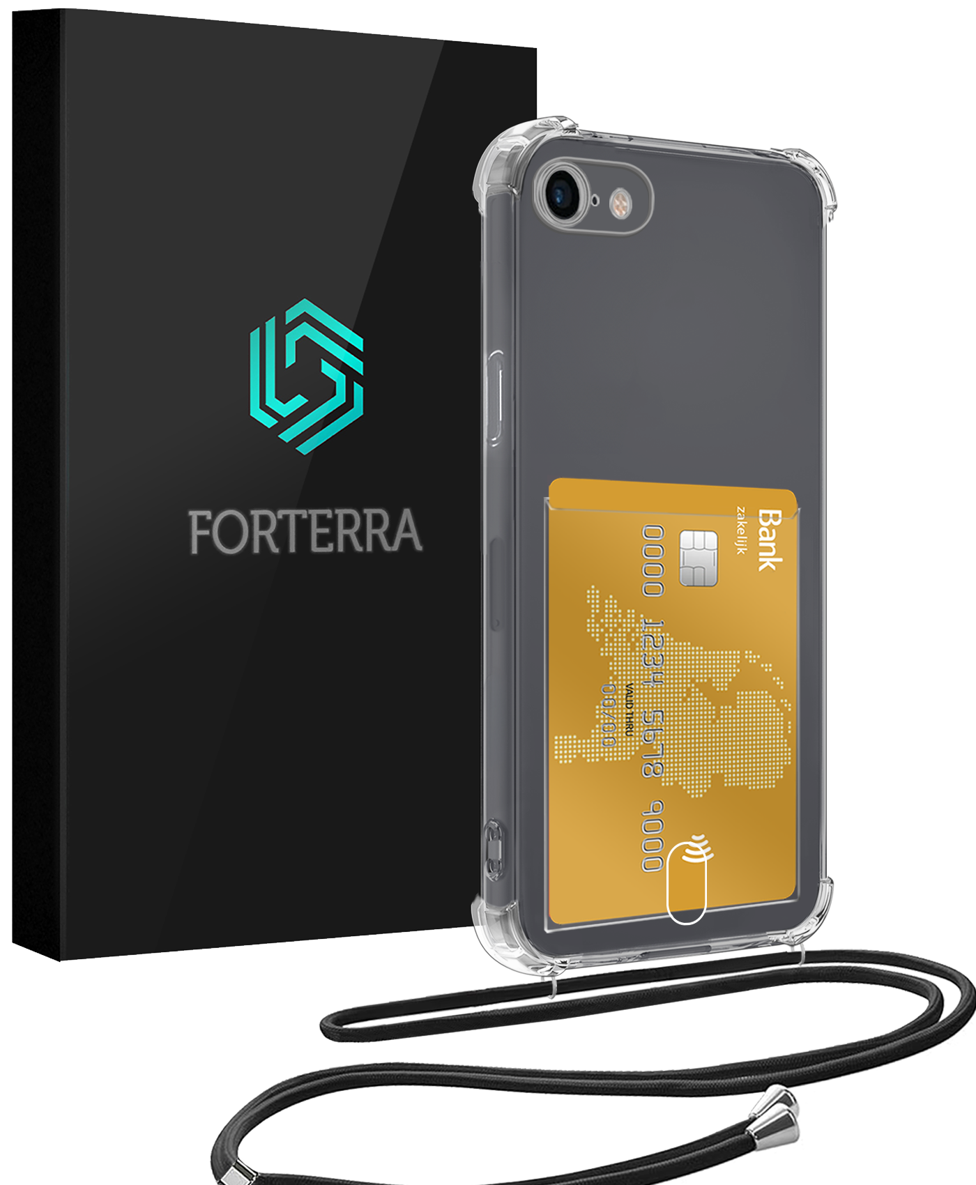 Forterra Hoesje Geschikt voor iPhone SE 2020 Pashouder Case Siliconen Hoes Met Koord - Hoes Geschikt voor iPhone SE (2020) Met Telefoonkoord Hoesje Back Cover Met Pasjeshouder - Transparant