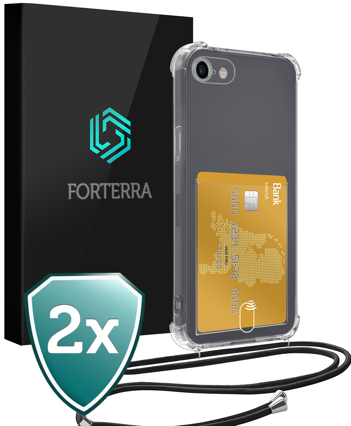 Forterra Hoesje Geschikt voor iPhone SE 2020 Pashouder Case Siliconen Hoes Met Koord - Hoes Geschikt voor iPhone SE (2020) Met Telefoonkoord Hoesje Back Cover Met Pasjeshouder - Transparant - 2 PACK
