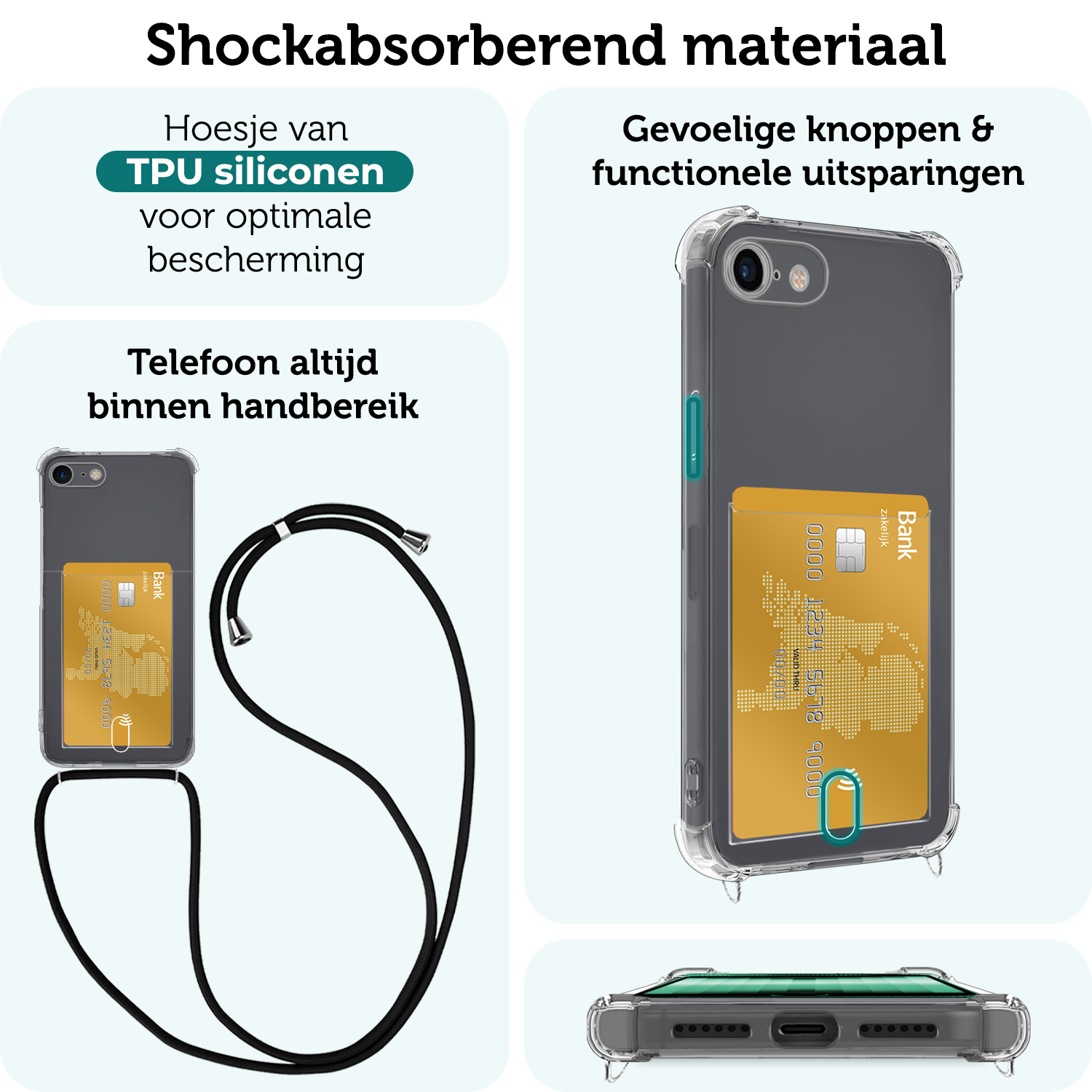 Forterra Hoesje Geschikt voor iPhone SE 2020 Pashouder Case Siliconen Hoes Met Koord - Hoes Geschikt voor iPhone SE (2020) Met Telefoonkoord Hoesje Back Cover Met Pasjeshouder - Transparant - 2 PACK