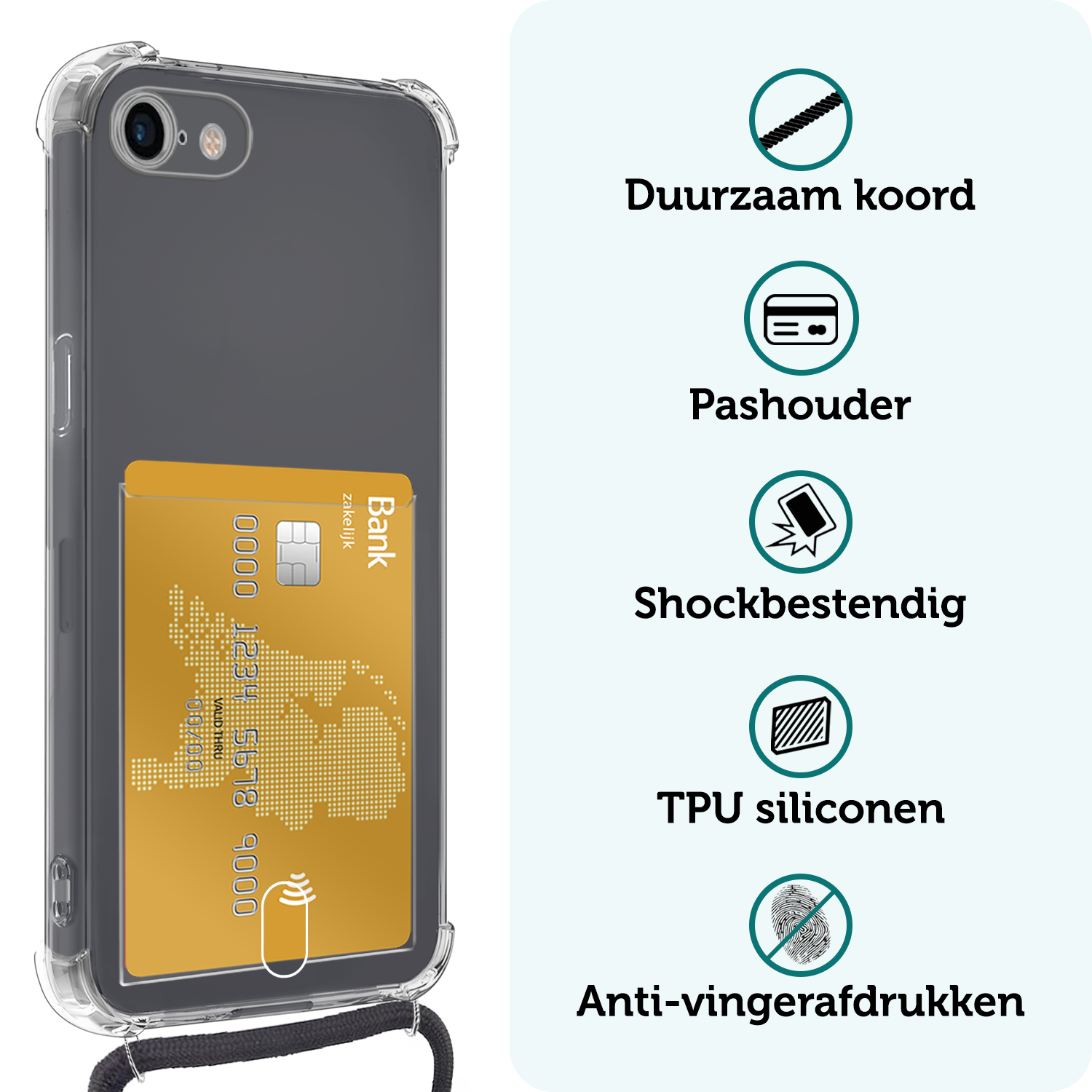 Forterra Hoesje Geschikt voor iPhone SE 2022 Pashouder Case Siliconen Hoes Met Koord Met 2x Screenprotector - Hoes Geschikt voor iPhone SE (2022) Met Telefoonkoord Hoesje Back Cover Met Pasjeshouder - Transparant