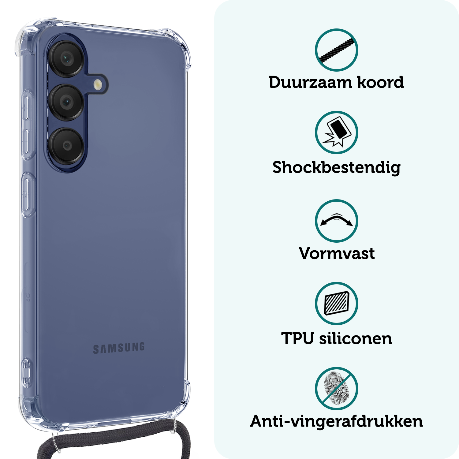 Forterra Hoesje Geschikt voor Samsung A16 Case Siliconen Hoes Met Koord - Hoes Geschikt voor Samsung Galaxy A16 Met Telefoonkoord Hoesje Back Cover - Transparant