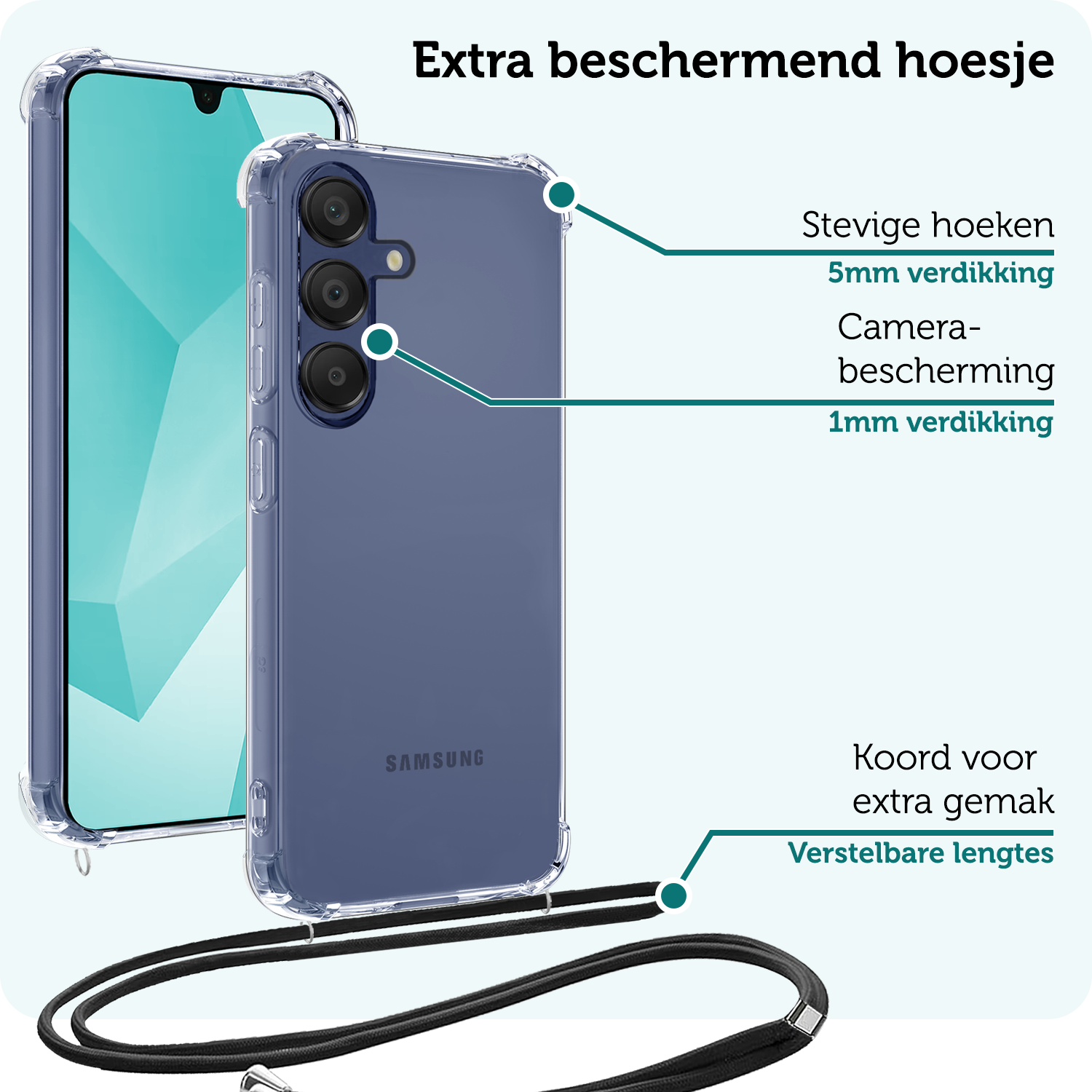 Forterra Hoesje Geschikt voor Samsung A16 Case Siliconen Hoes Met Koord - Hoes Geschikt voor Samsung Galaxy A16 Met Telefoonkoord Hoesje Back Cover - Transparant