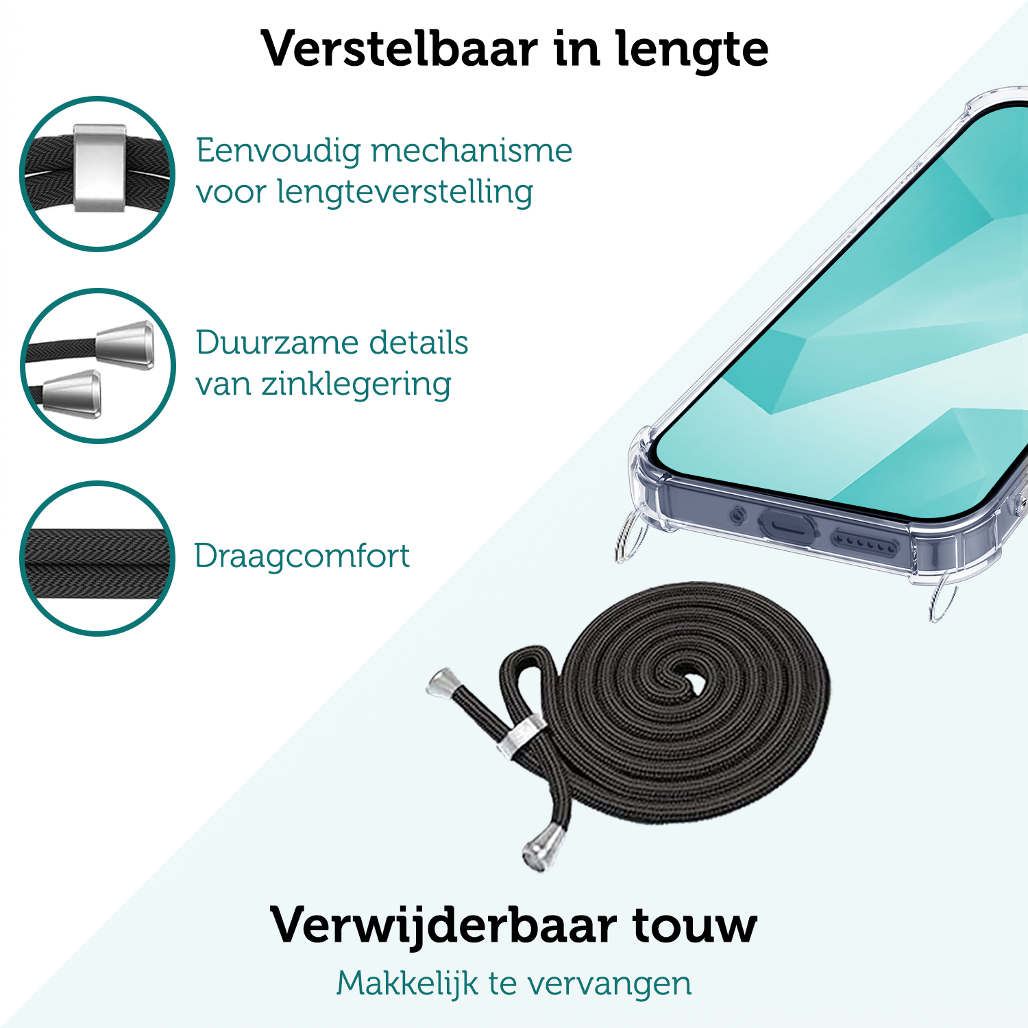 Forterra Hoesje Geschikt voor Samsung A16 Case Siliconen Hoes Met Koord - Hoes Geschikt voor Samsung Galaxy A16 Met Telefoonkoord Hoesje Back Cover - Transparant