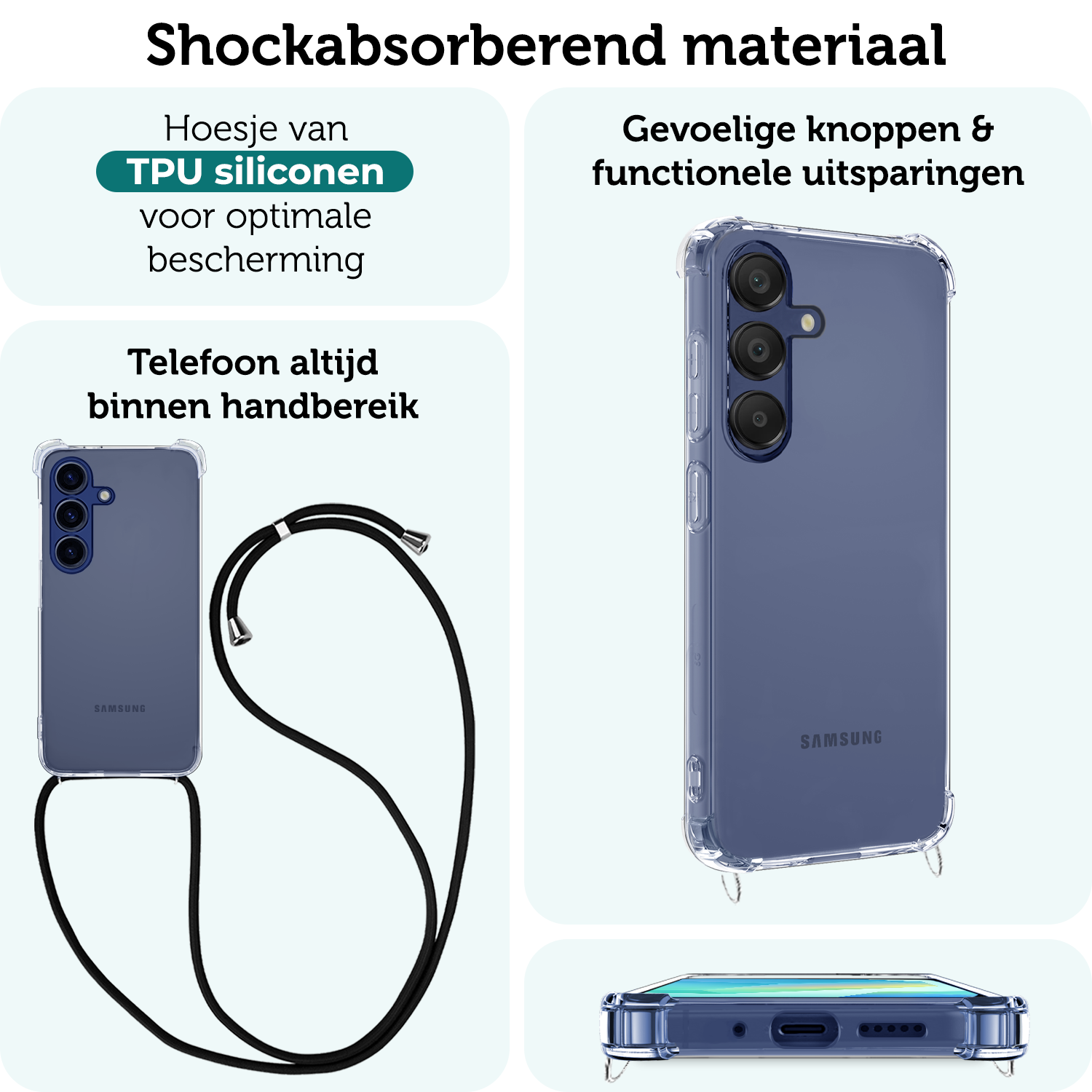 Forterra Hoesje Geschikt voor Samsung A16 Case Siliconen Hoes Met Koord - Hoes Geschikt voor Samsung Galaxy A16 Met Telefoonkoord Hoesje Back Cover - Transparant