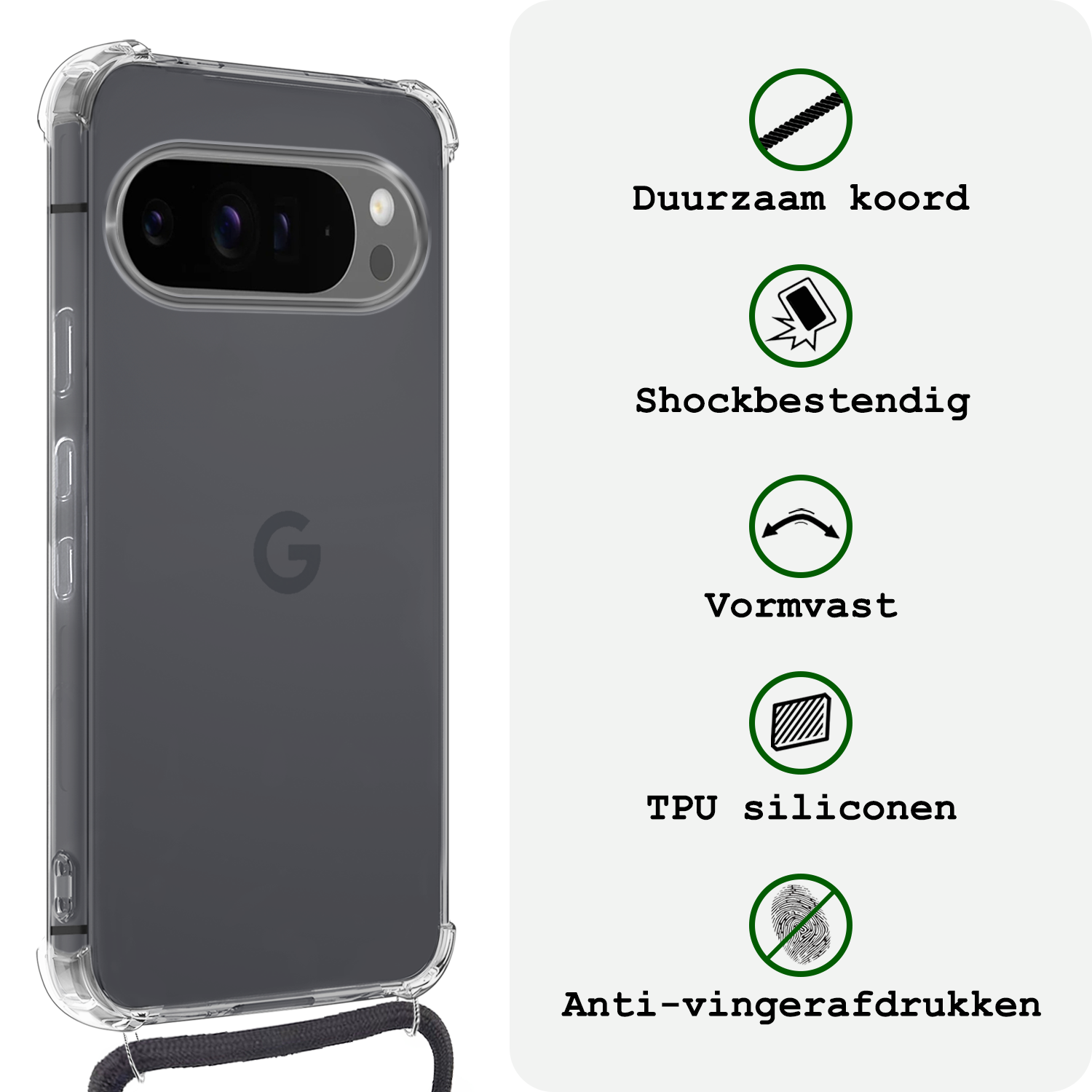 BASEY. Hoesje Geschikt voor Google Pixel 9 Pro XL Hoesje Siliconen Shock Proof Hoesje Met Koord Case Met Telefoonkoord - Hoes Geschikt voor Google Pixel 9 Pro XL Hoesje Cover Shockproof Met Koord - Transparant