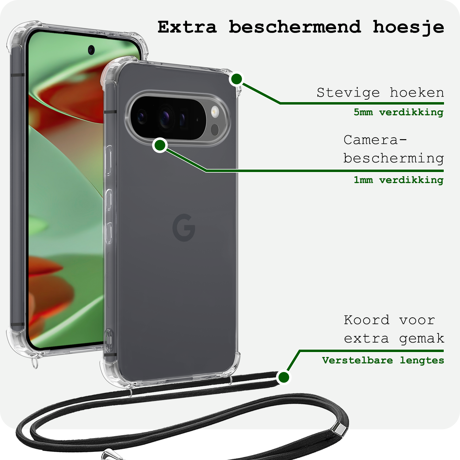 BASEY. Hoesje Geschikt voor Google Pixel 9 Pro XL Hoesje Siliconen Shock Proof Hoesje Met Koord Case Met Telefoonkoord - Hoes Geschikt voor Google Pixel 9 Pro XL Hoesje Cover Shockproof Met Koord - Transparant