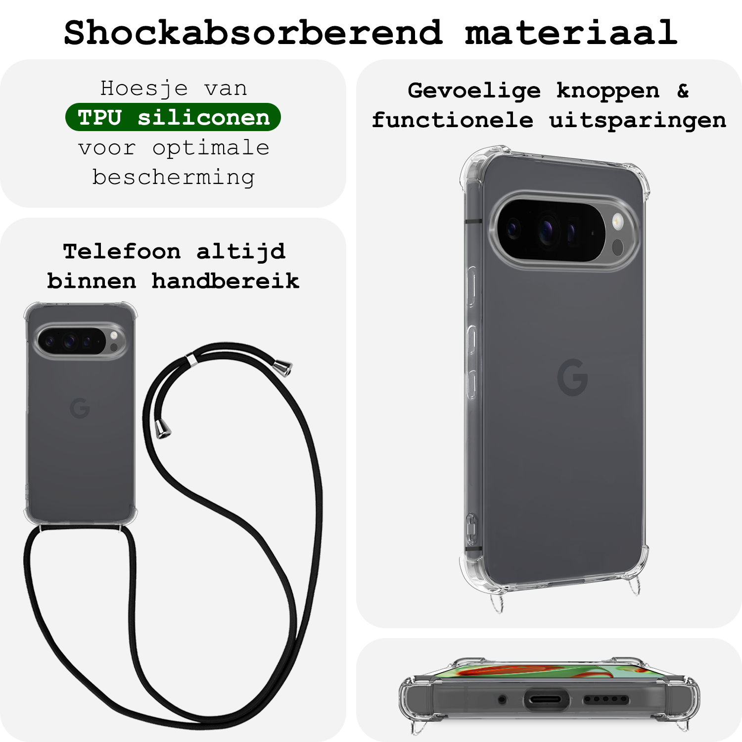 BASEY. Hoesje Geschikt voor Google Pixel 9 Pro XL Hoesje Siliconen Shock Proof Hoesje Met Koord Case Met Telefoonkoord - Hoes Geschikt voor Google Pixel 9 Pro XL Hoesje Cover Shockproof Met Koord - Transparant