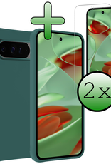 BASEY. Hoesje Geschikt voor Google Pixel 9 Pro XL Hoesje Siliconen Case Hoes Met 2x Screenprotector - Hoes Geschikt voor Google Pixel 9 Pro XL Hoes Cover Case - Donkergroen