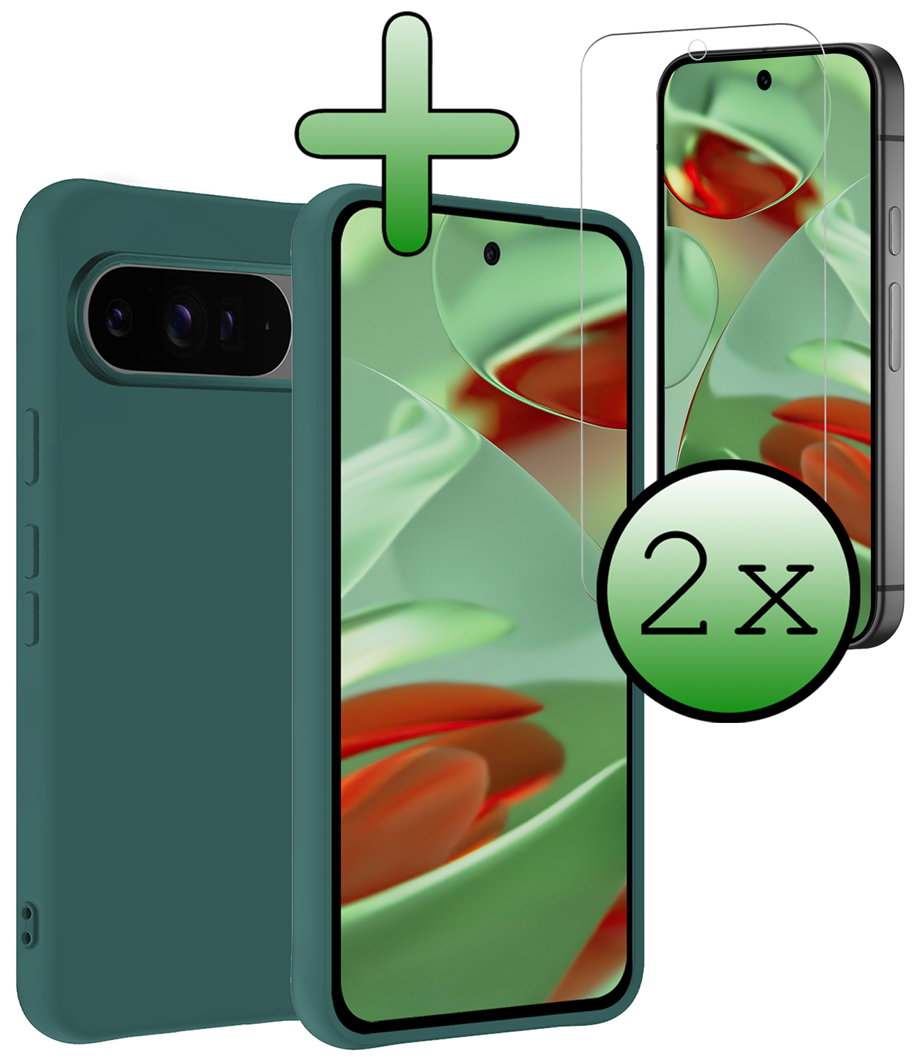 BASEY. Hoesje Geschikt voor Google Pixel 9 Pro XL Hoesje Siliconen Case Hoes Met 2x Screenprotector - Hoes Geschikt voor Google Pixel 9 Pro XL Hoes Cover Case - Donkergroen