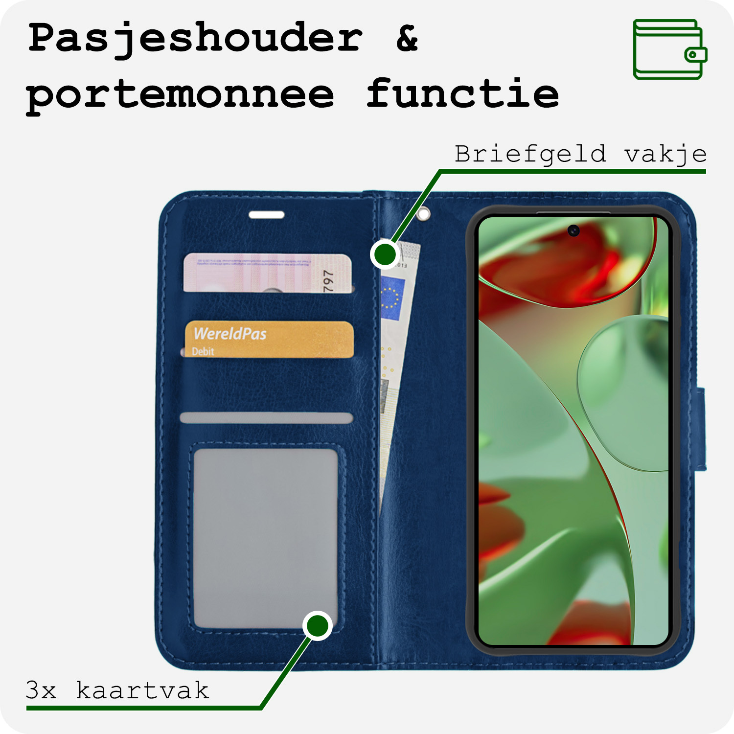 BASEY. Hoesje Geschikt voor Google Pixel 9 Pro XL Hoesje Book Case Hoes Portemonnee Cover Walletcase Met 2x Screenprotector - Hoes Geschikt voor Google Pixel 9 Pro XL Hoes Bookcase Hoesje - Donkerblauw