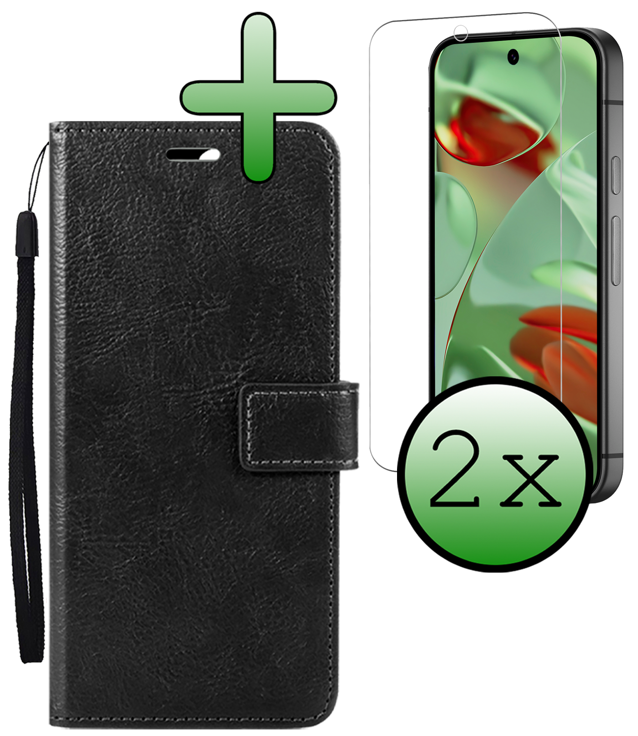 BASEY. Hoesje Geschikt voor Google Pixel 9 Pro XL Hoesje Book Case Hoes Portemonnee Cover Walletcase Met 2x Screenprotector - Hoes Geschikt voor Google Pixel 9 Pro XL Hoes Bookcase Hoesje - Zwart