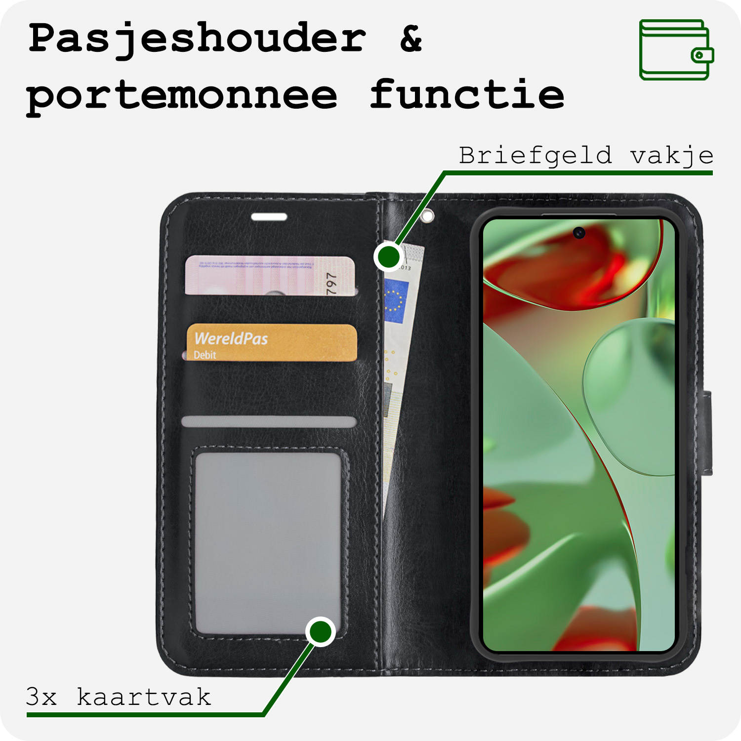 BASEY. Hoesje Geschikt voor Google Pixel 9 Pro XL Hoesje Book Case Hoes Portemonnee Cover Walletcase Met 2x Screenprotector - Hoes Geschikt voor Google Pixel 9 Pro XL Hoes Bookcase Hoesje - Zwart