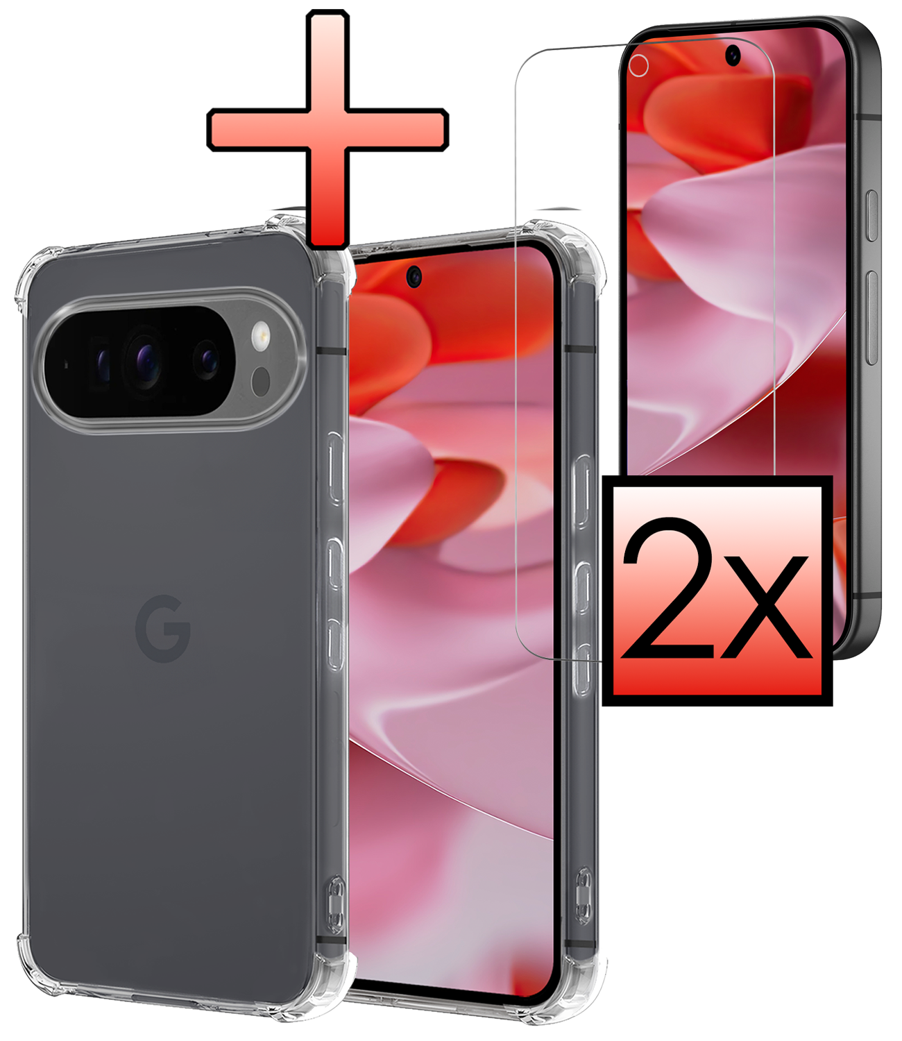 NoXx Hoesje Geschikt voor Google Pixel 9 Pro XL Hoesje Siliconen Shock Proof Case Hoes Met 2x Screenprotector - Hoes Geschikt voor Google Pixel 9 Pro XL Hoes Cover Case Shockproof - Transparant